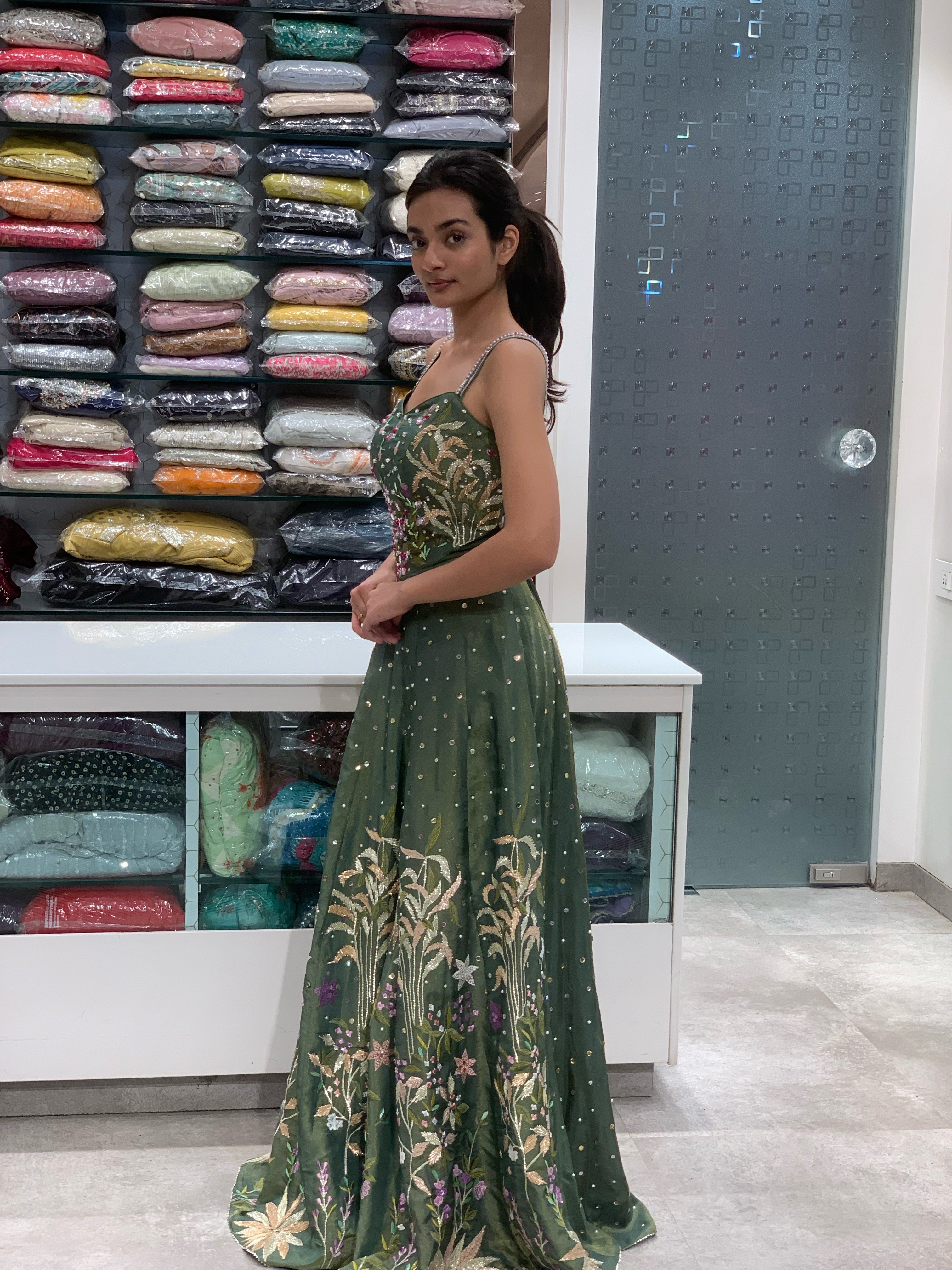 Green Raw Silk Nature Embellished Forest Jumpsuit Indo Western