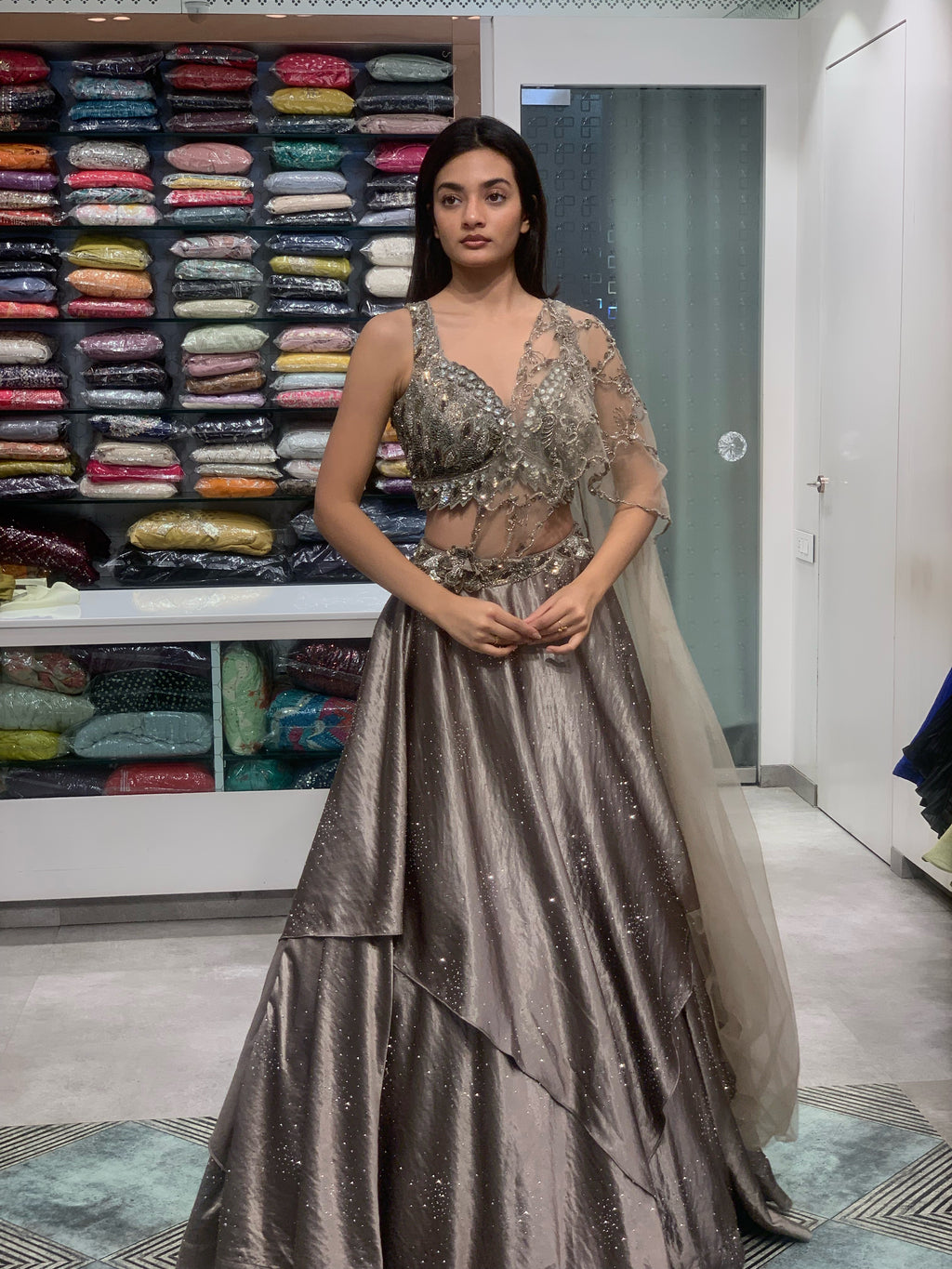 Brown Raw Silk Blouse & Complete Work Pallu Drape Lehenga