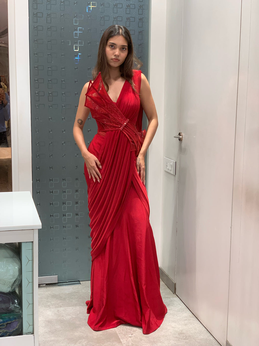Red Satin Silk Bow Detail Bodycon Gown with Pallu Drape Indo Western