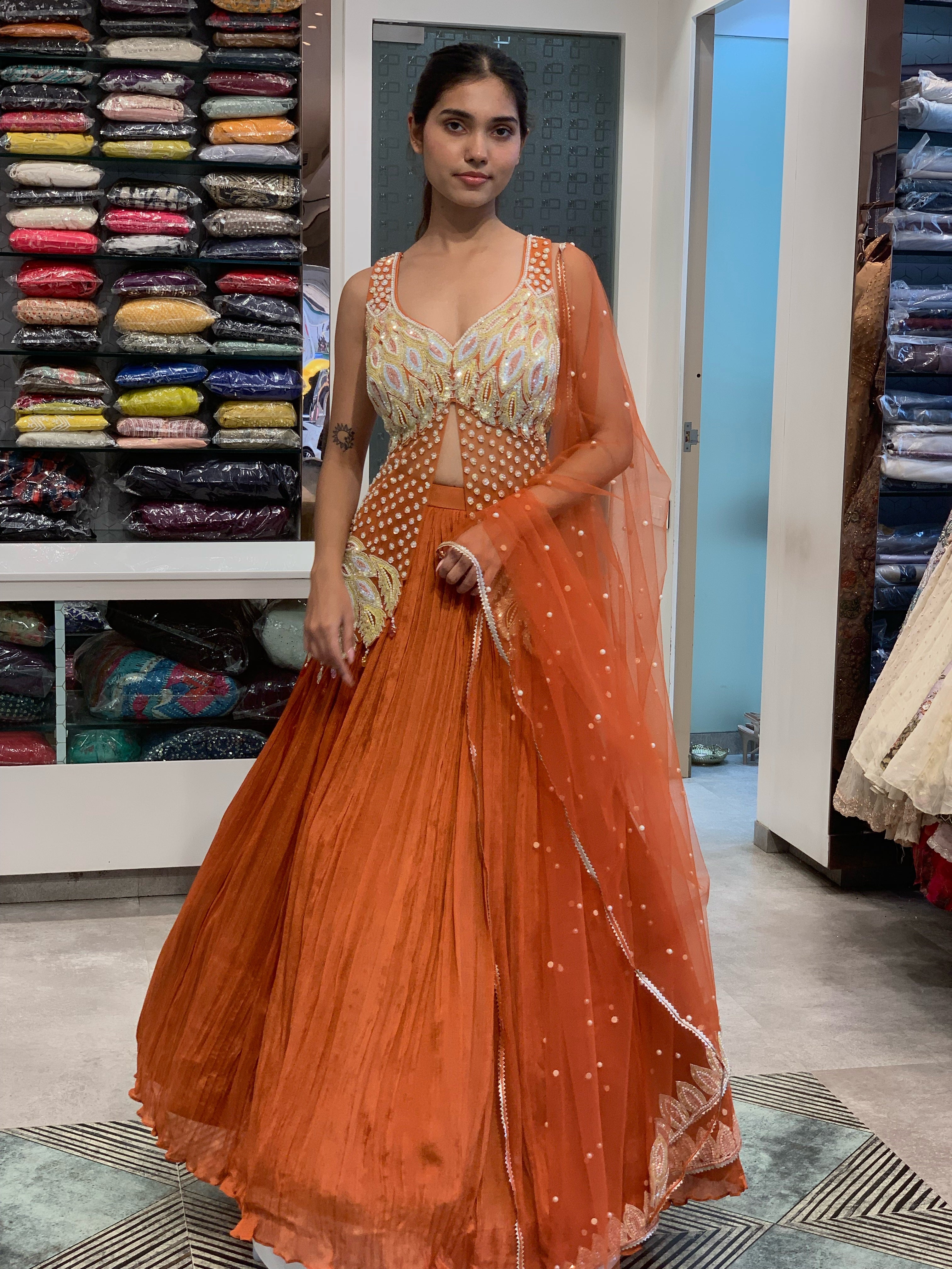Orange Georgette Peplum Top & Lehenga