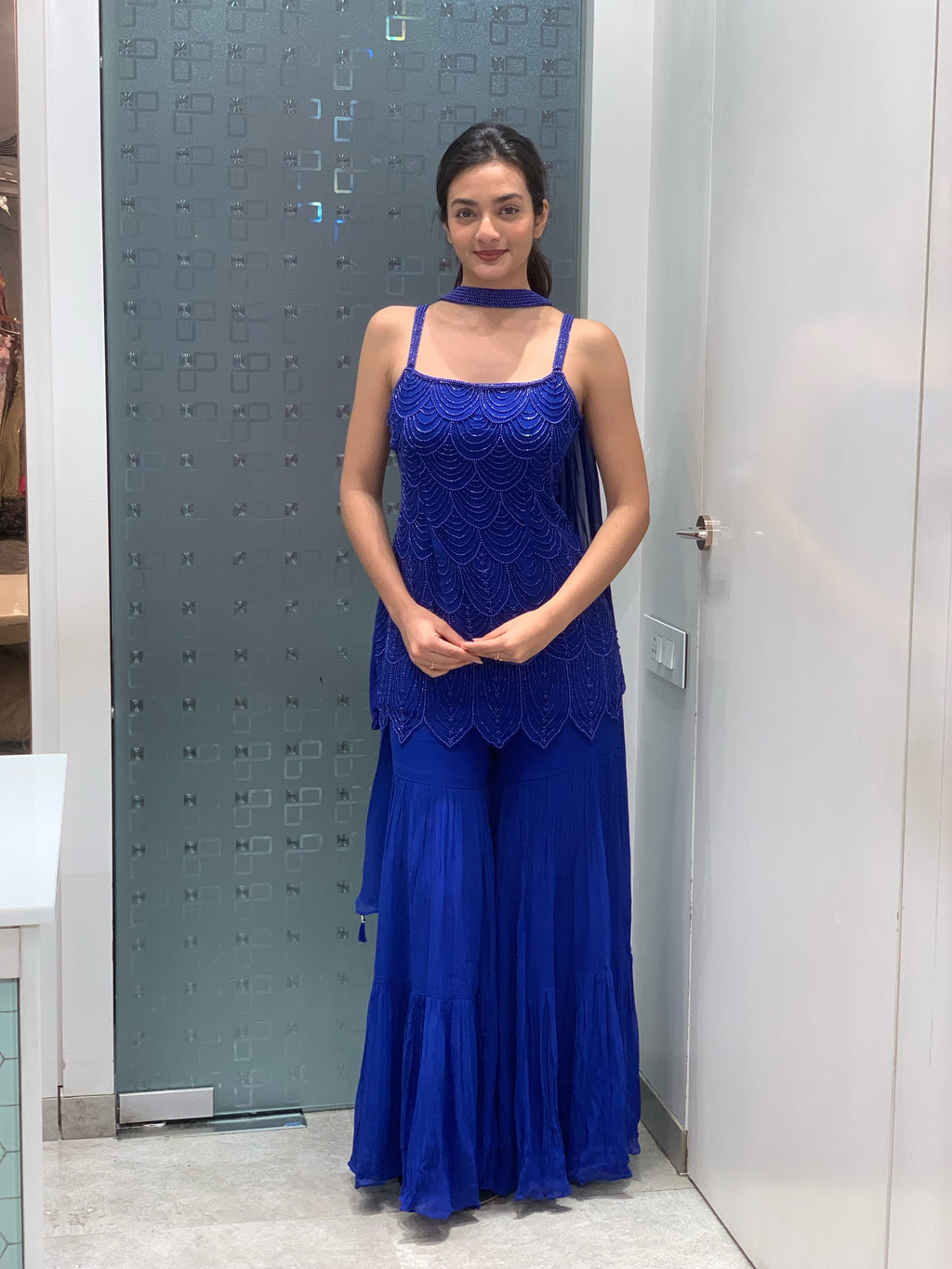 Navy Blue Georgette Complete Bead Embellished Short Kurti & Sharara Set
