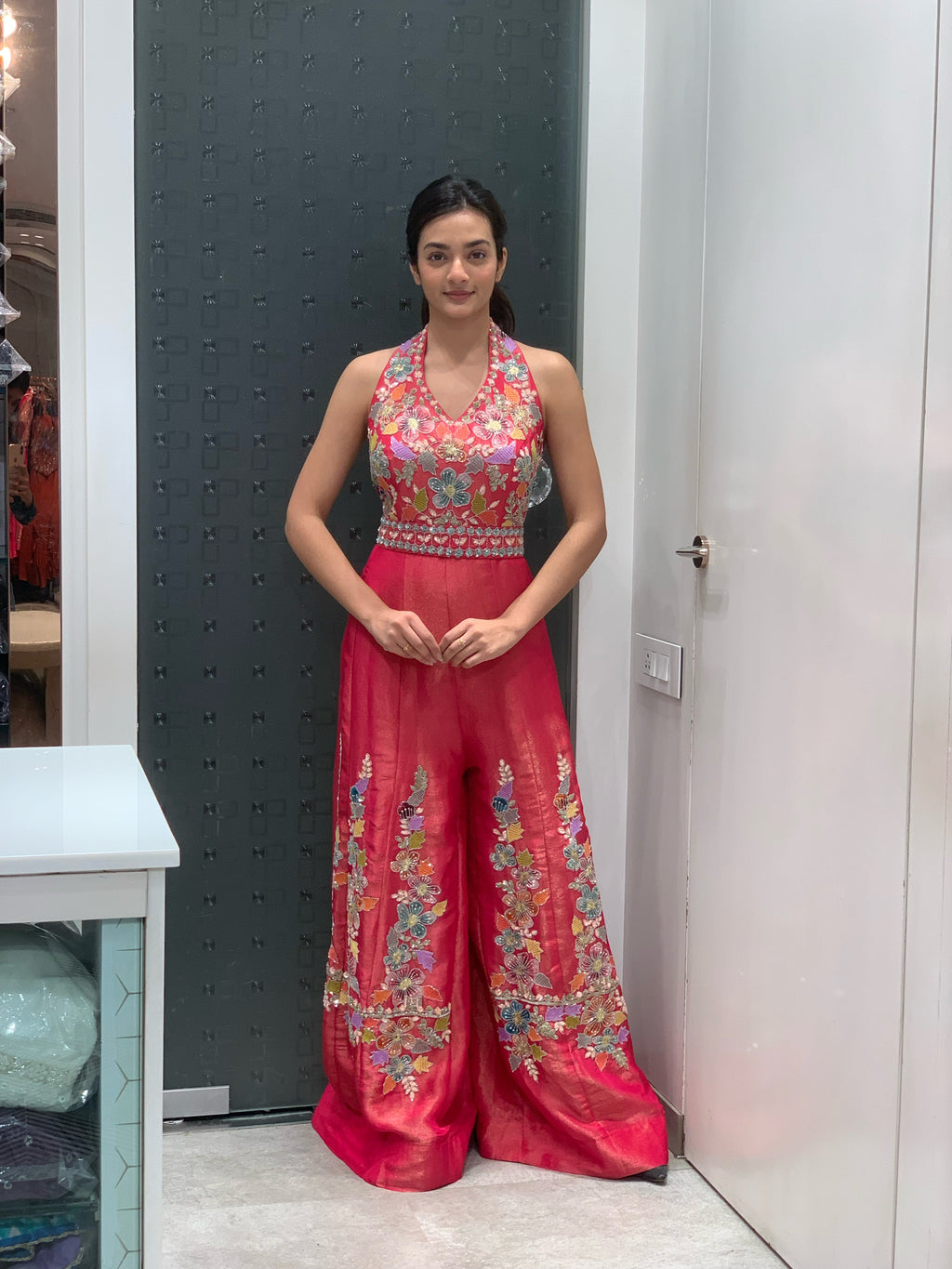Pink Tissue Halter Neck Jumpsuit