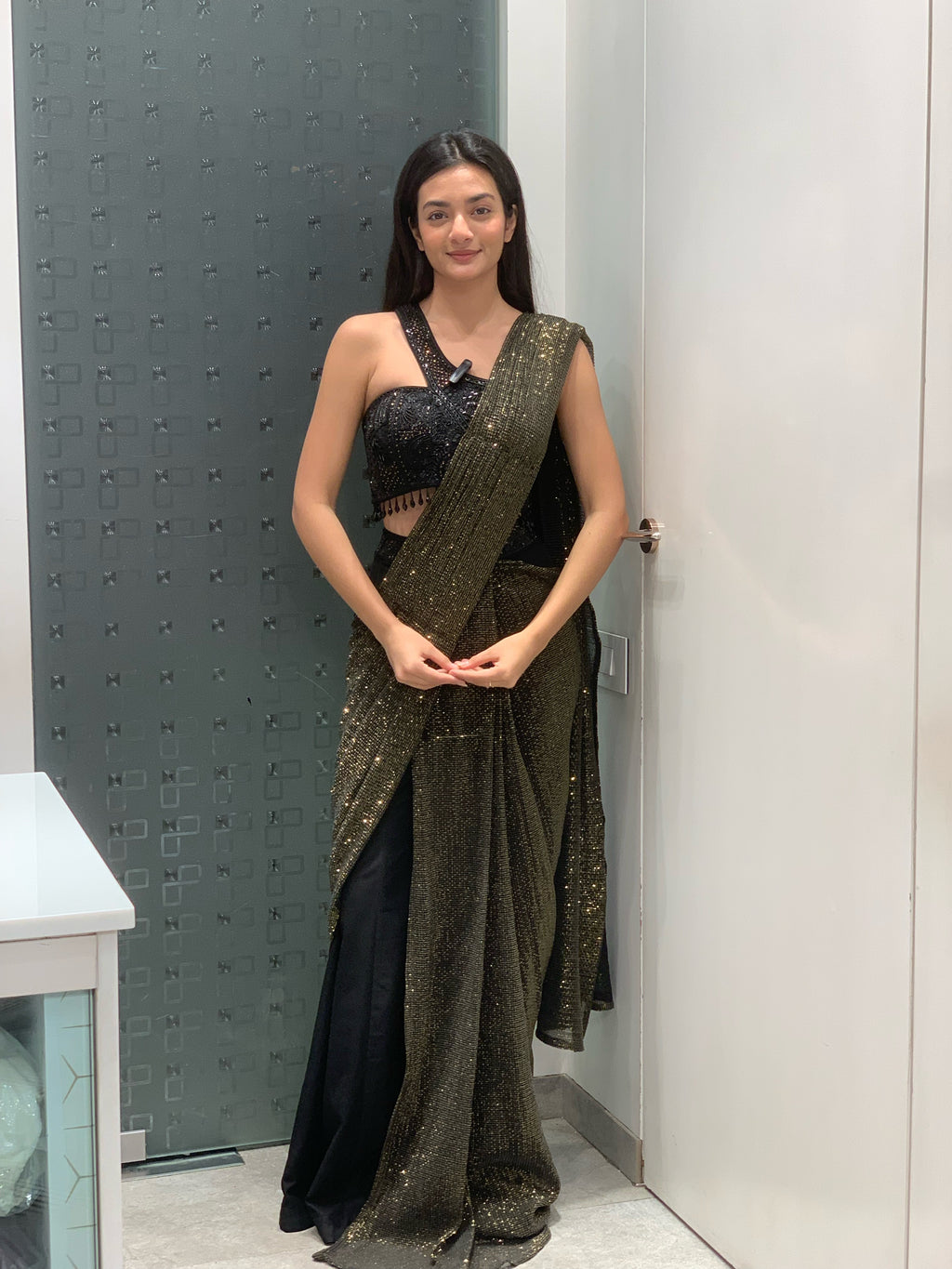 Black Net Designer Sequin Work Blouse & Pallu Drape Saree