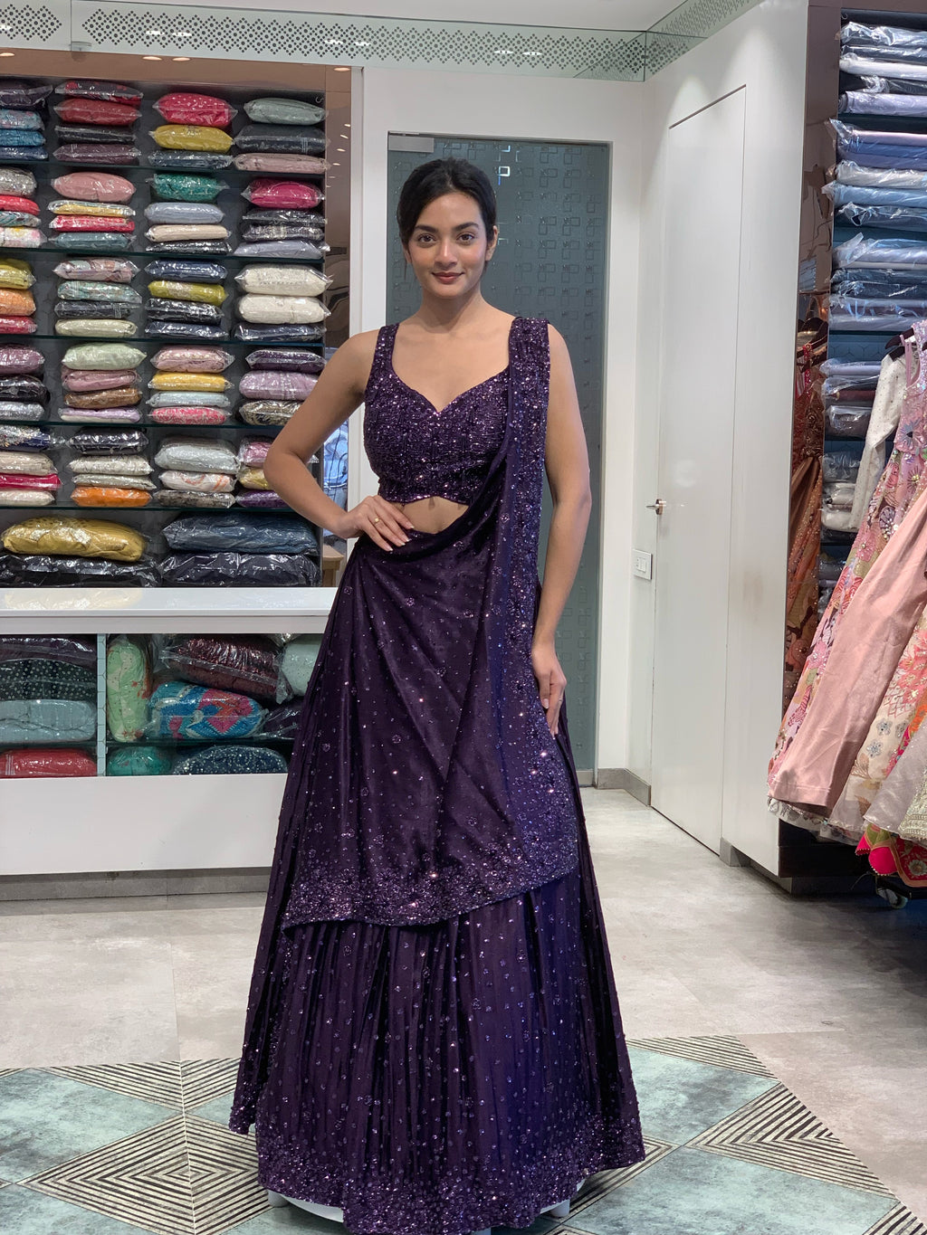 Dark Purple Drape Lehenga