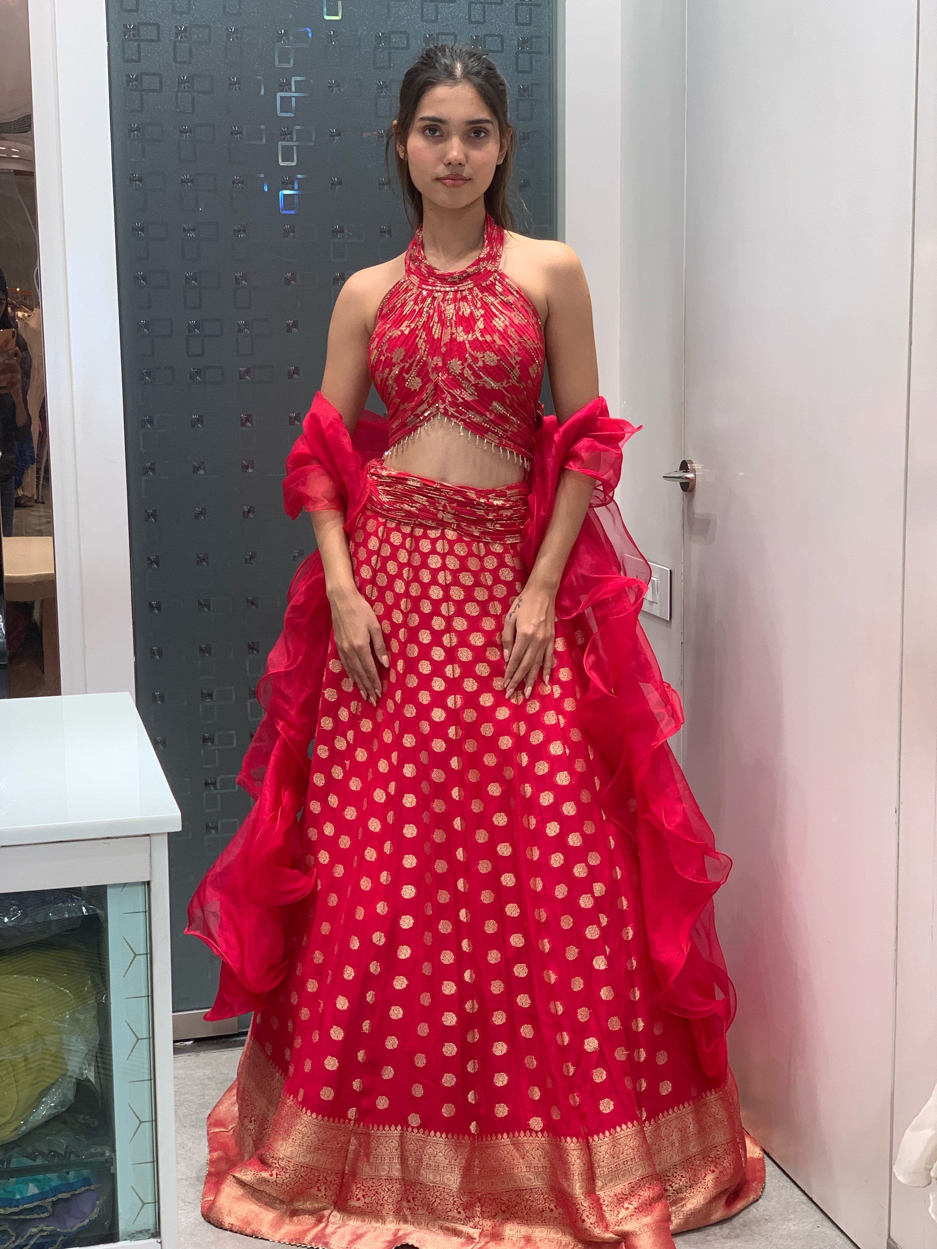 Red Silk Halter Neck Pleated Blouse & Lehenga