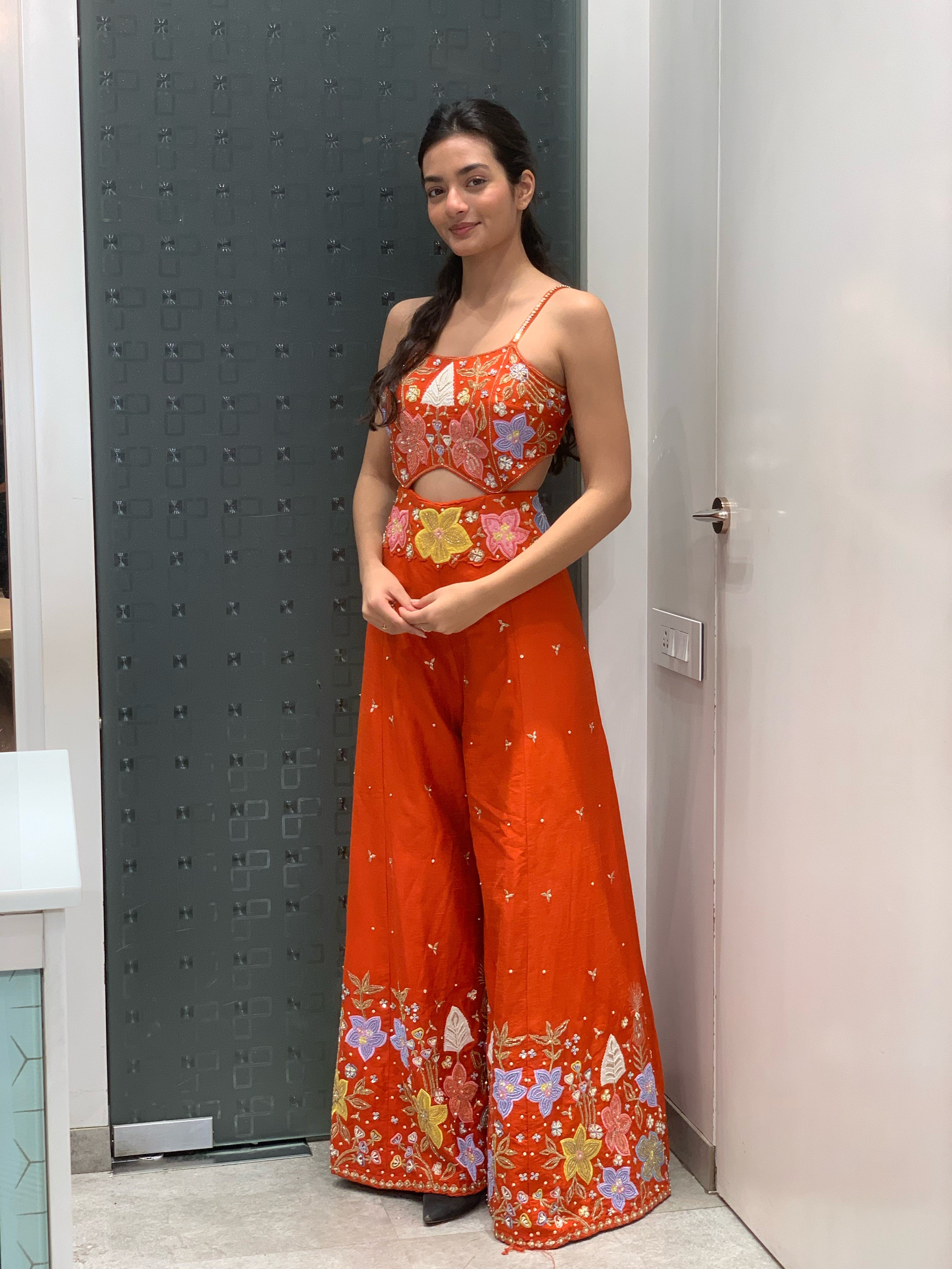 Orange Raw Silk Thread Work Jumpsuit Indo Western