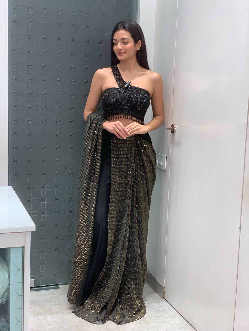 Black Net Designer Sequin Work Blouse & Pallu Drape Saree