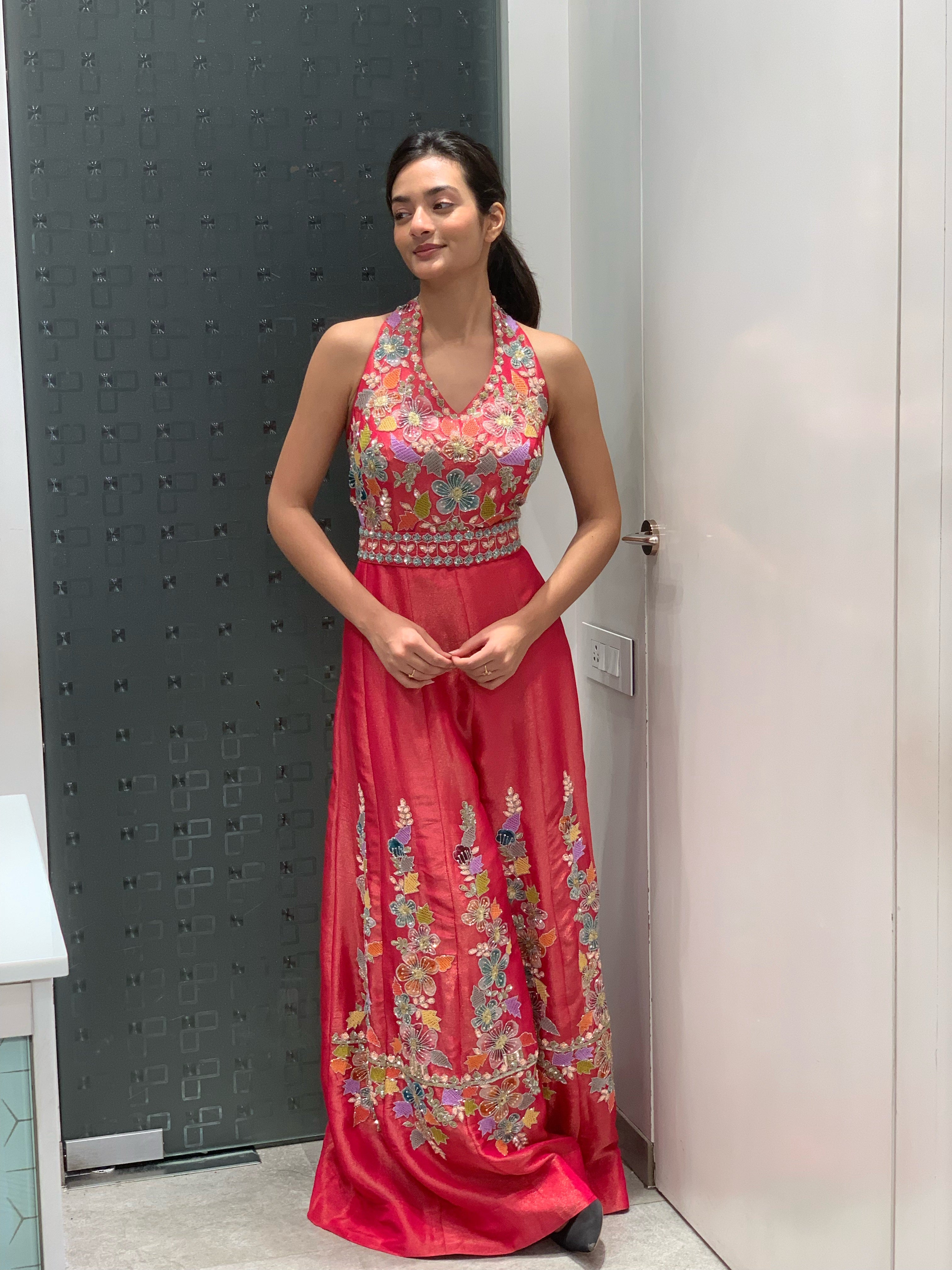 Pink Tissue Halter Neck Jumpsuit