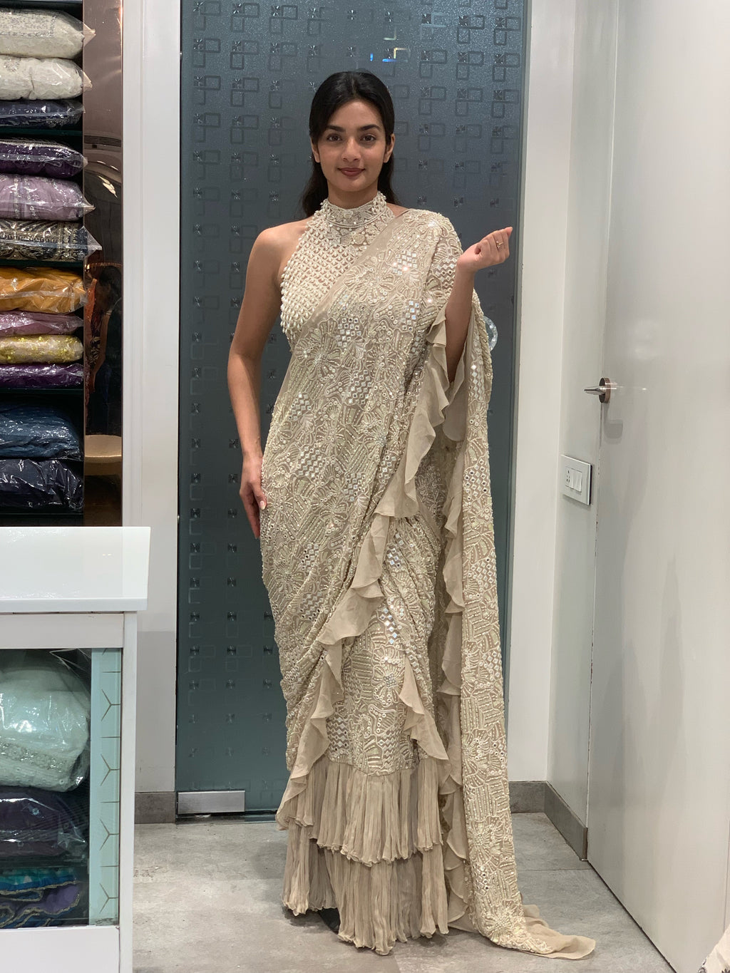 White Lucknowi Complete Work Halter Neck Blouse & Drape Saree