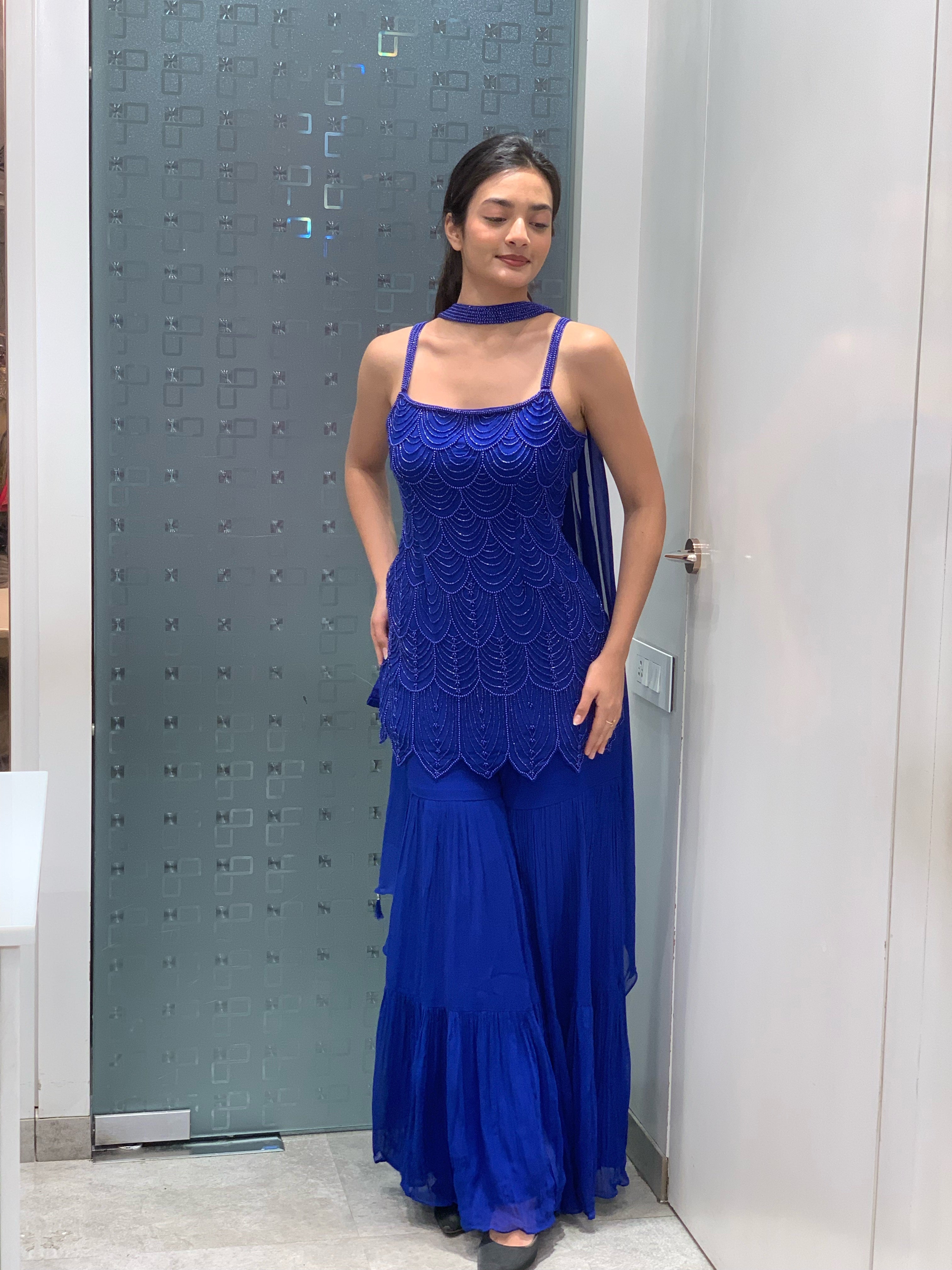 Navy Blue Georgette Complete Bead Embellished Short Kurti & Sharara Set