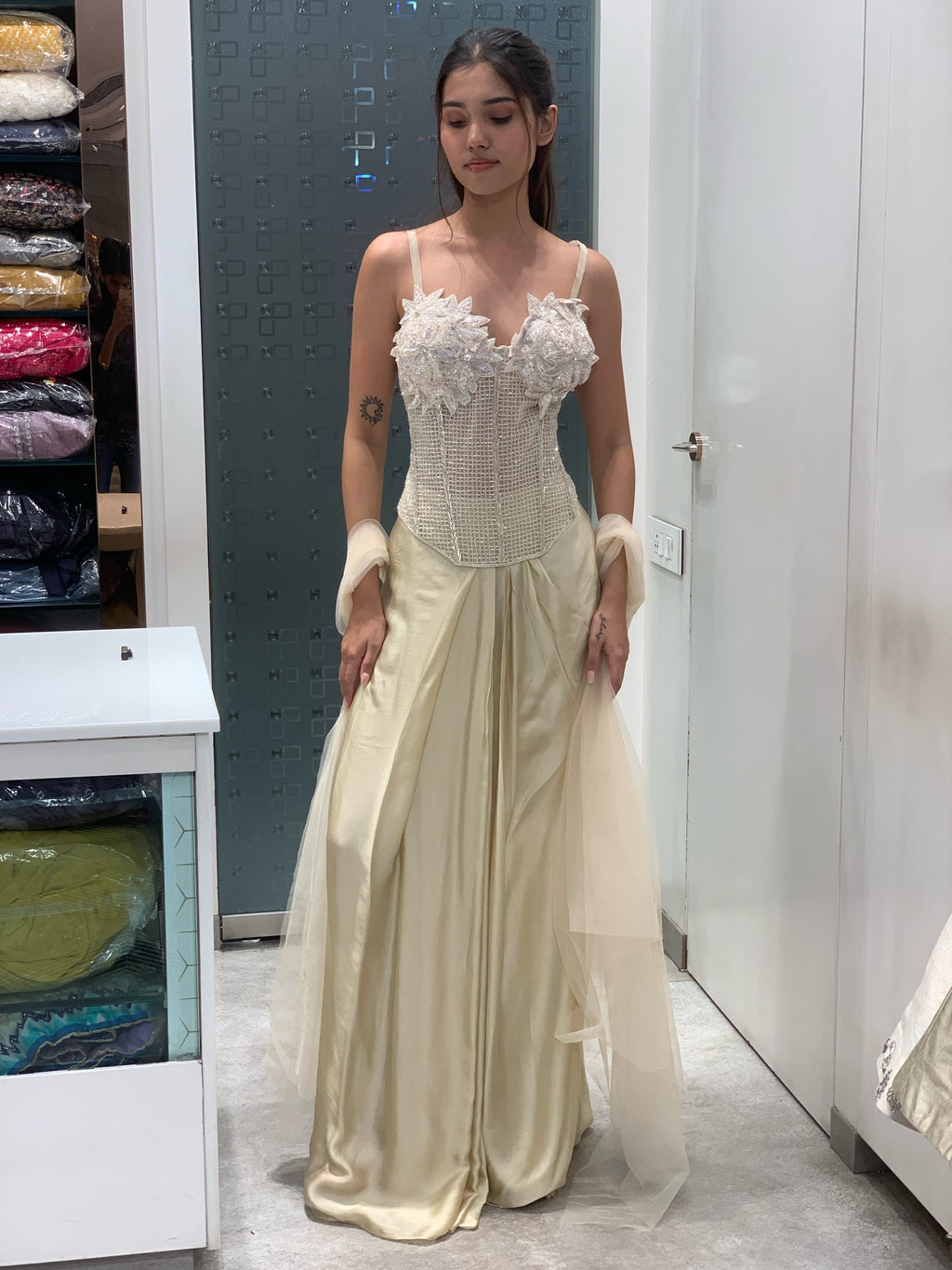 Cream Net Complete Applique Work Corset Blouse & Satin Drape Skirt Indo Western Set