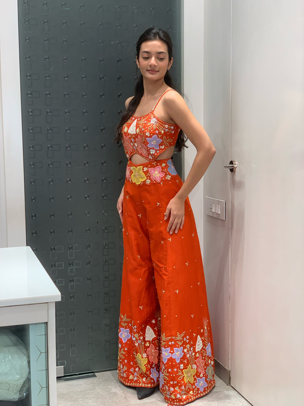 Orange Raw Silk Thread Work Jumpsuit Indo Western