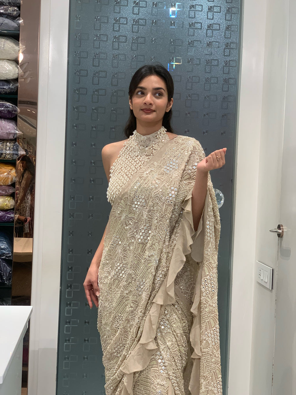 White Lucknowi Complete Work Halter Neck Blouse & Drape Saree