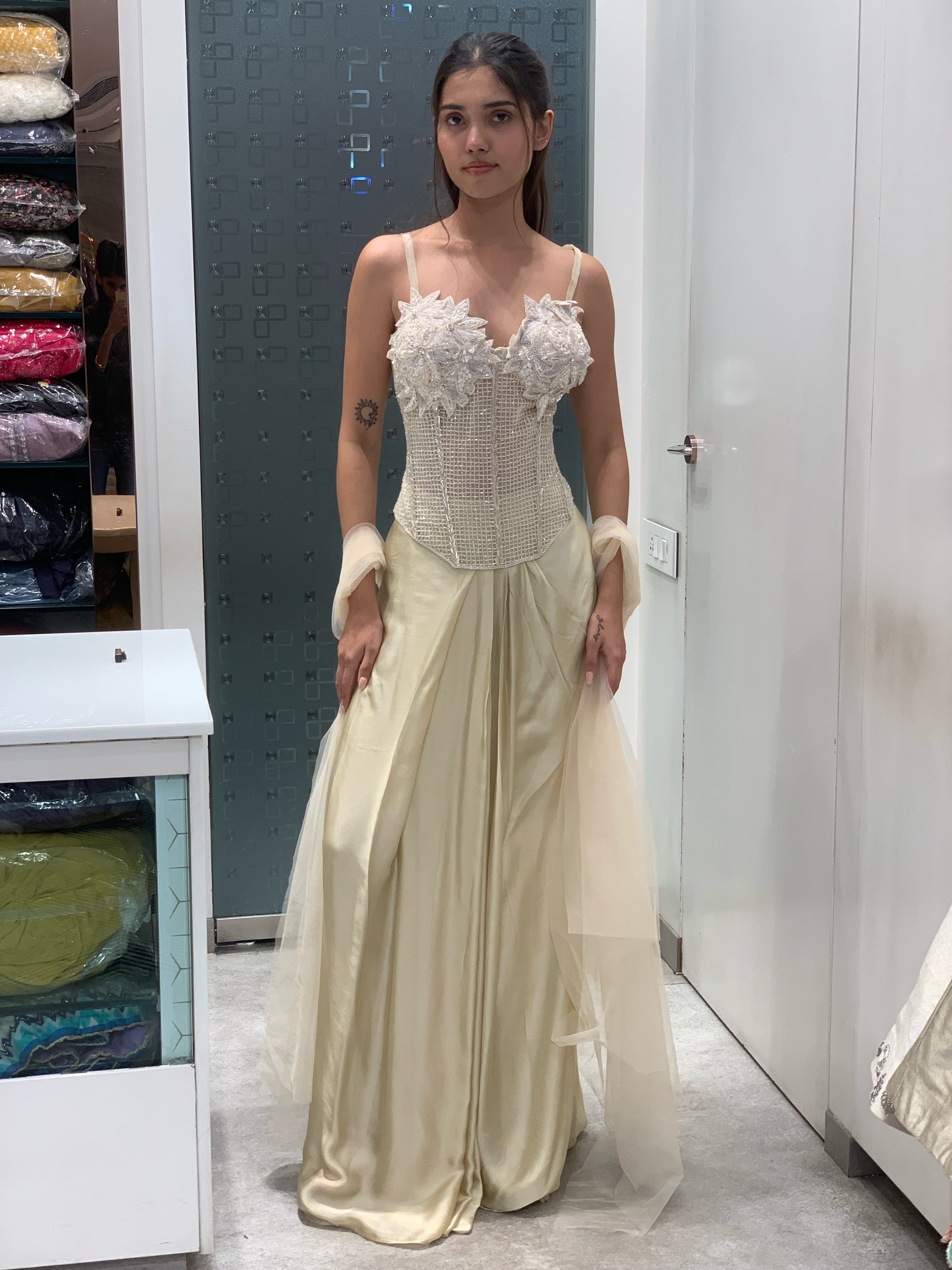 Cream Net Complete Applique Work Corset Blouse & Satin Drape Skirt Indo Western Set