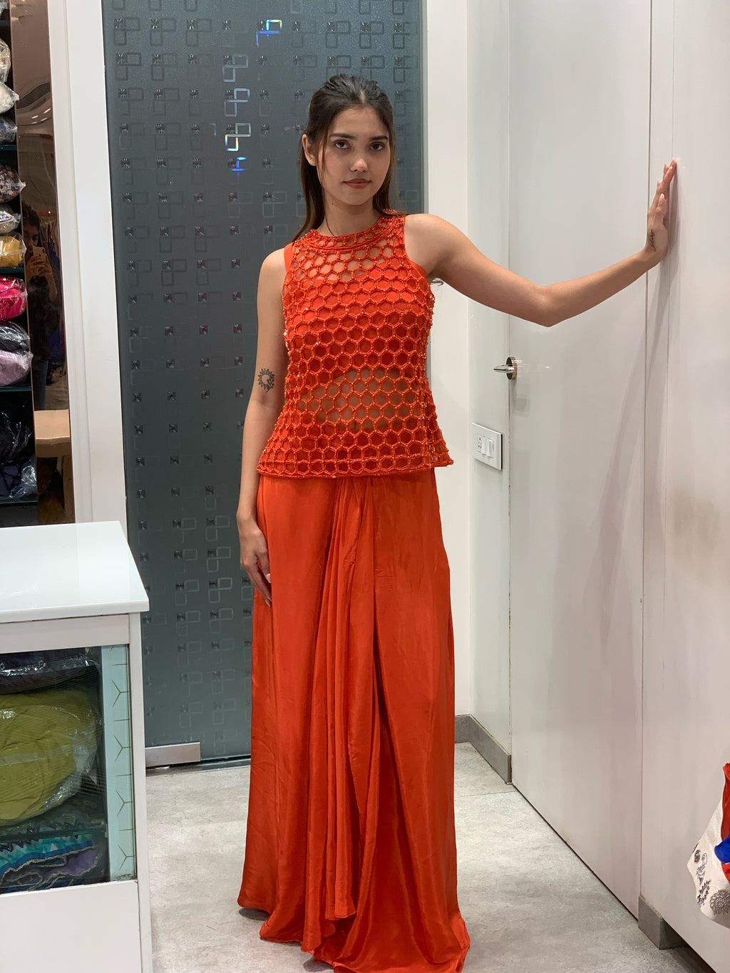 Pink & Orange Satin Cut Work Top, Bustier & Drape Skirt Indo Western Set