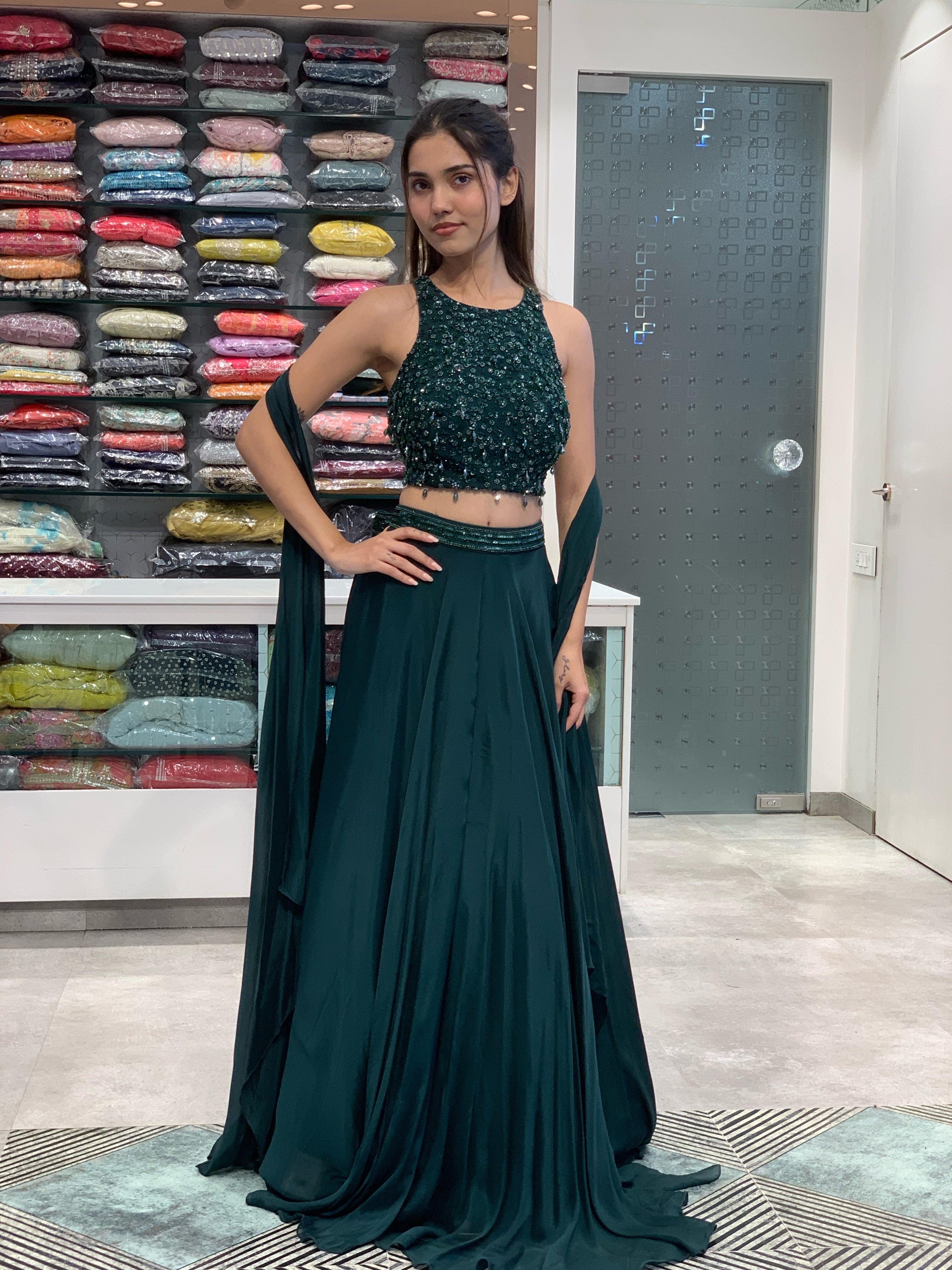 Bottle Green Halter Neck Bead Work Top & Lehenga