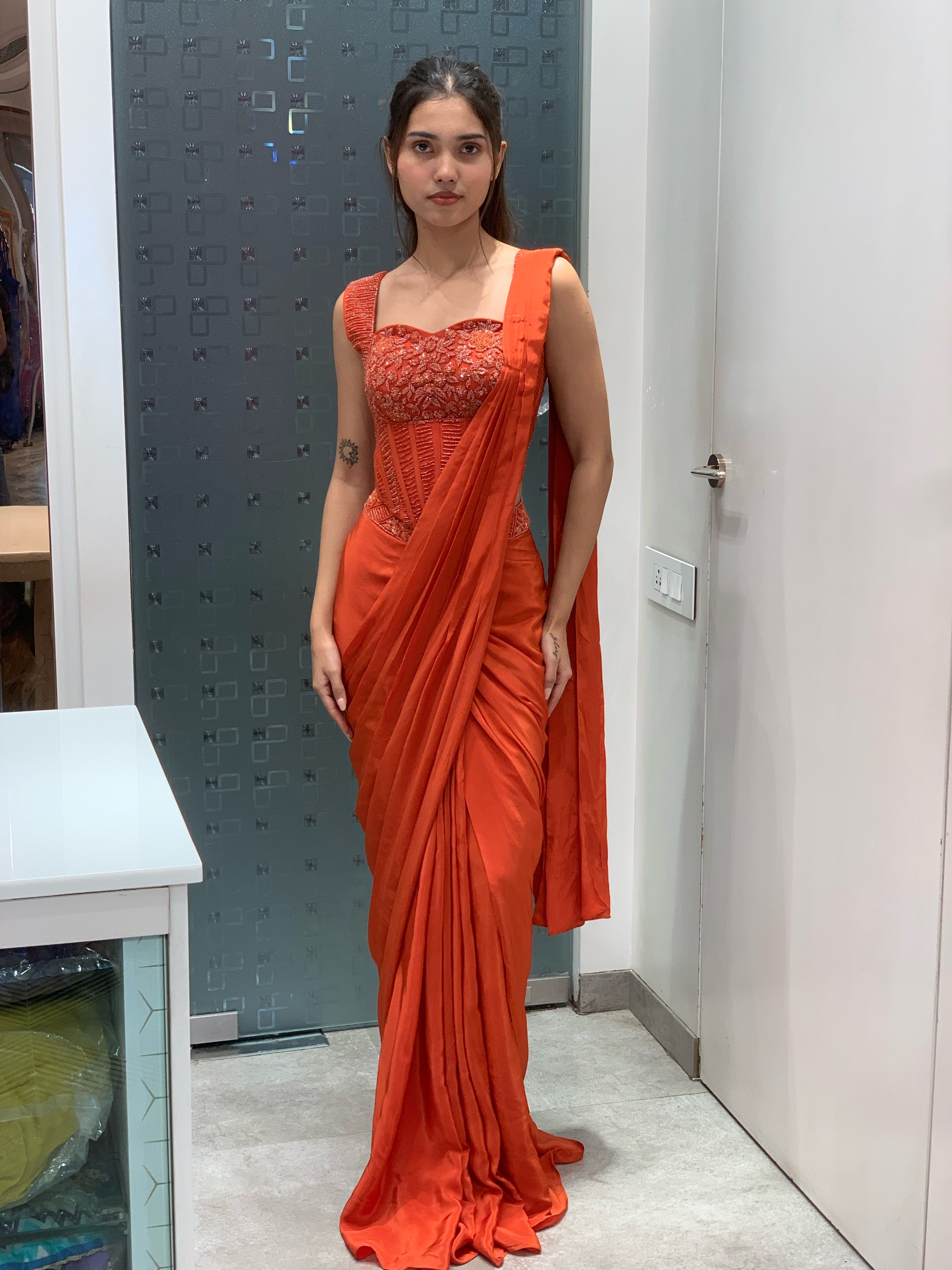 Orange Satin Bead Work Corset Blouse & Drape Saree