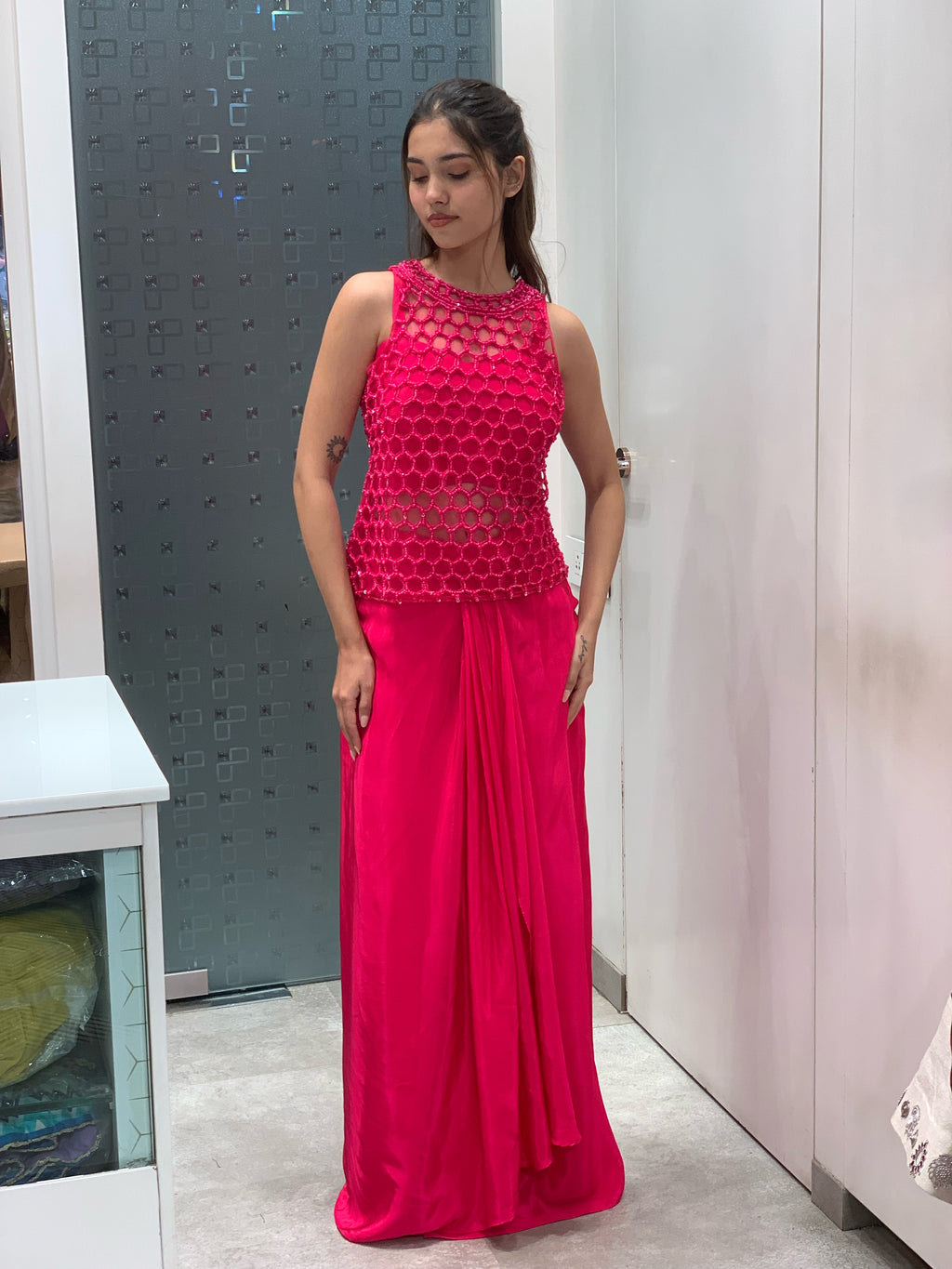 Pink & Orange Satin Cut Work Top, Bustier & Drape Skirt Indo Western Set
