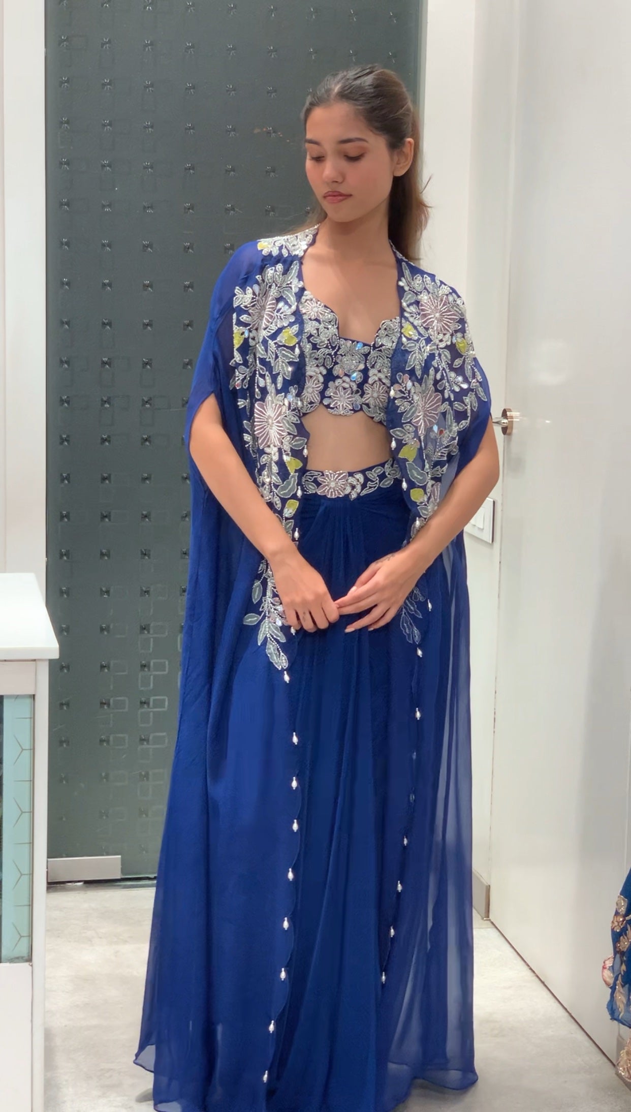 Blue Cape Drape Skirt Indo Western with Embellished Blouse
