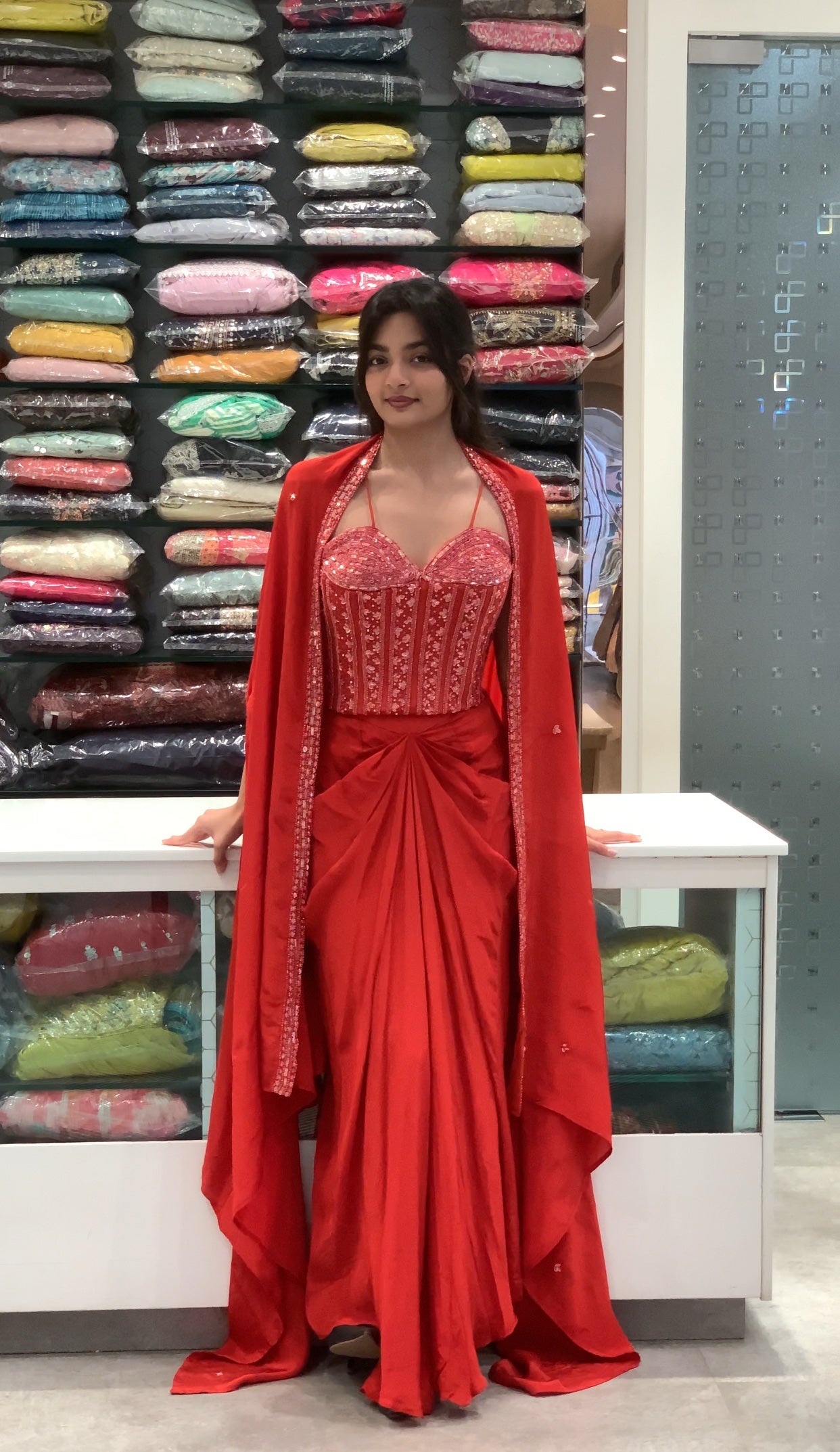 Orange Satin Corset Top, Drape Skirt & Cape Indo Western Set