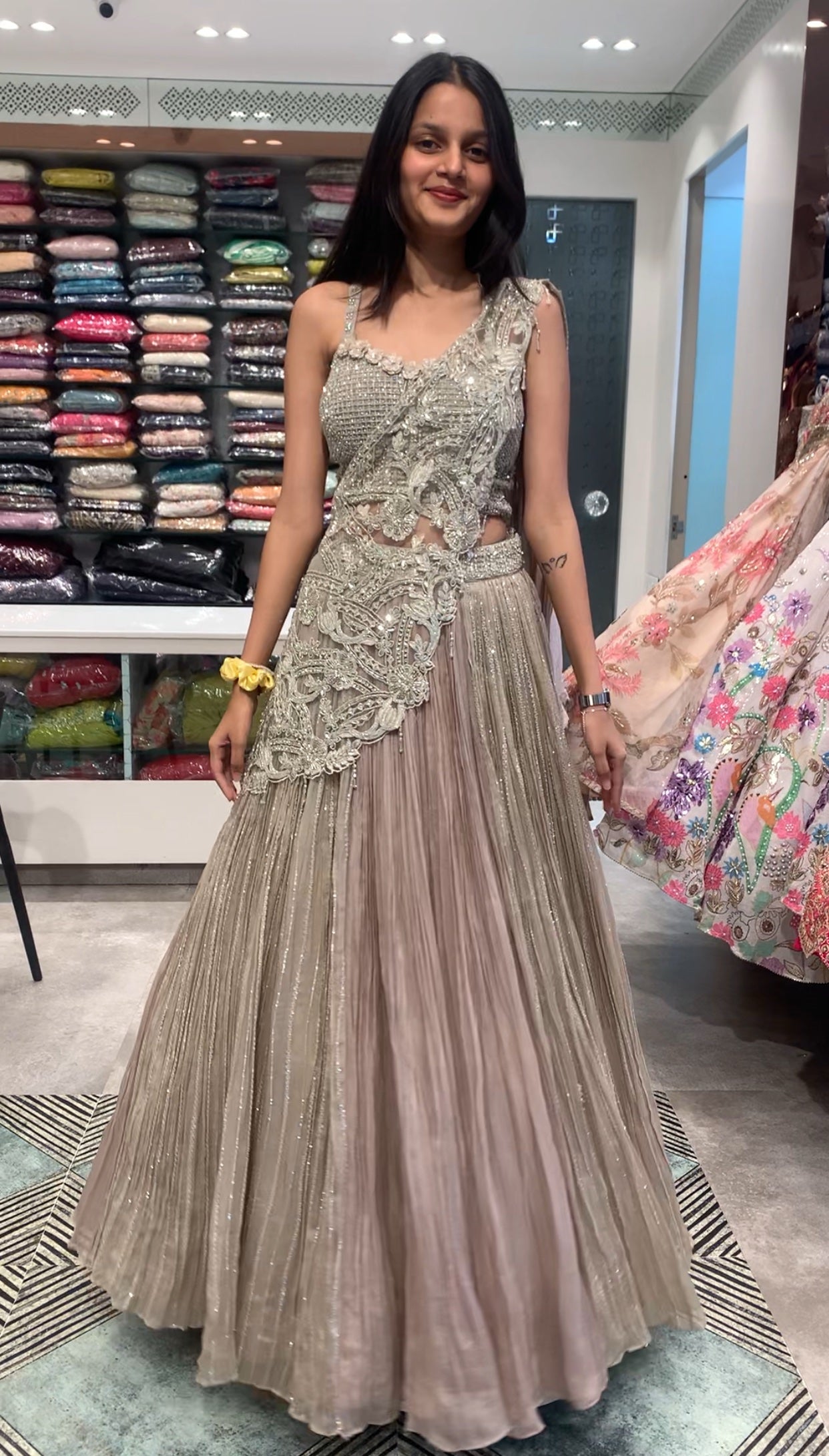 Beige Cotton Silk Blouse & Pallu Work Lehenga with Drape