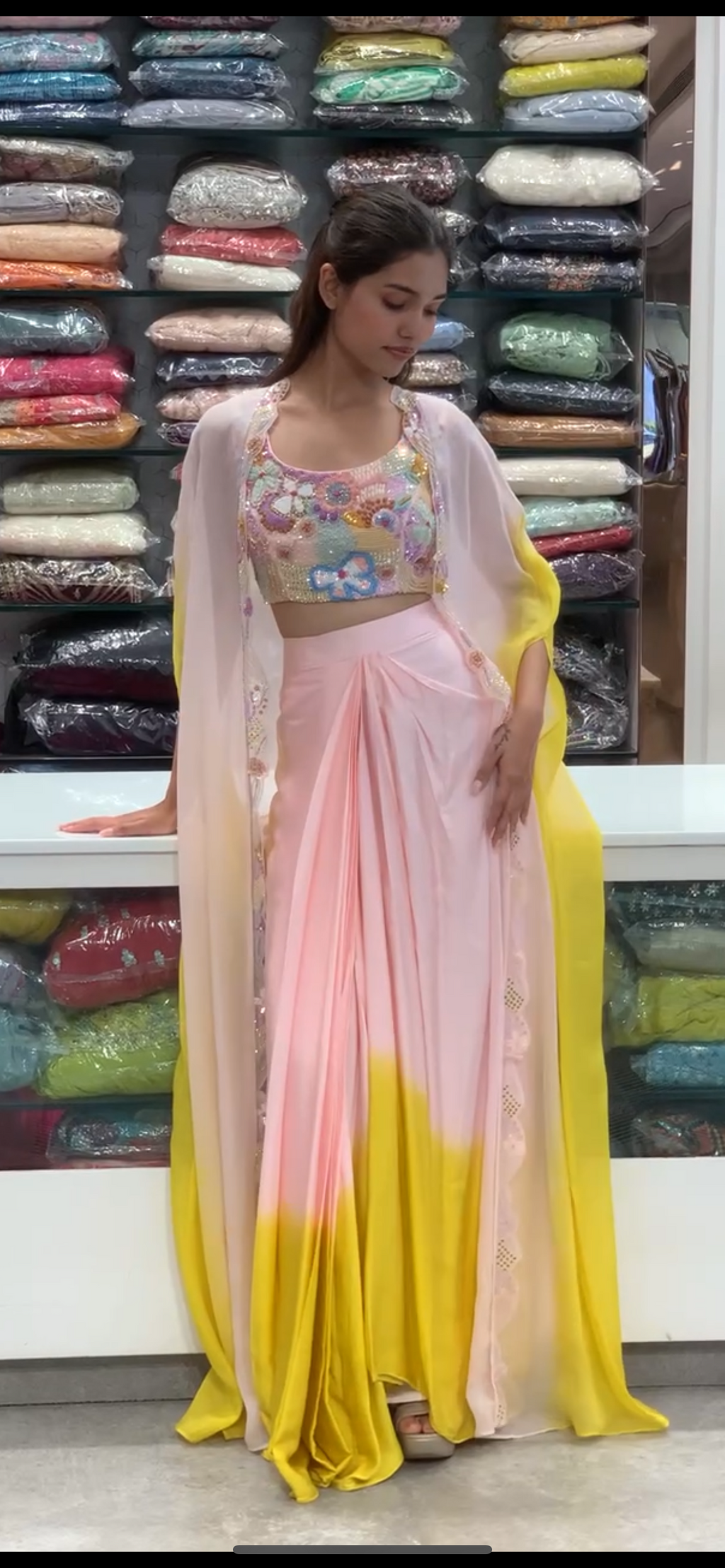 Ombre Soft Organza Cape Crop Top & Drape Skirt Indo Western Set
