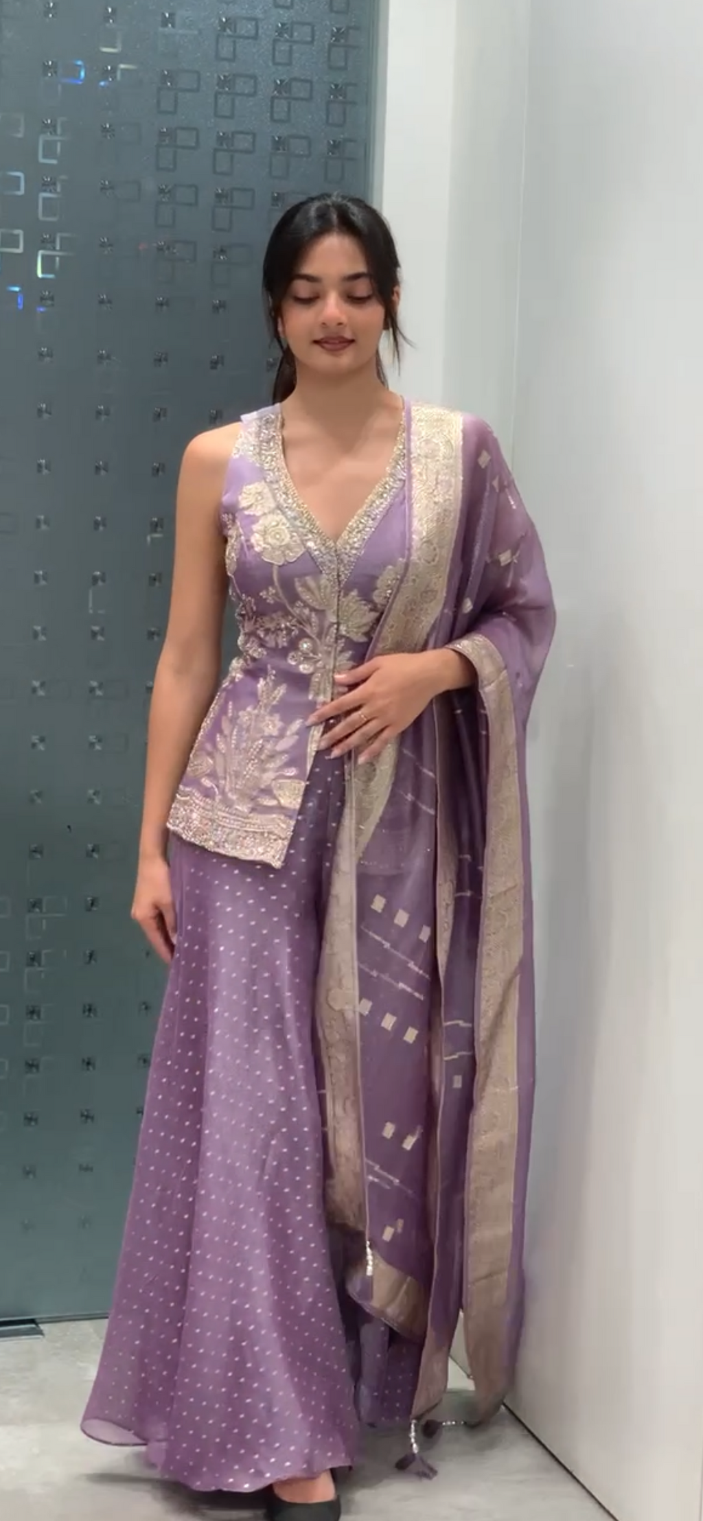 Lavender Banarasi Short Kurti & Pants Indo Western Set