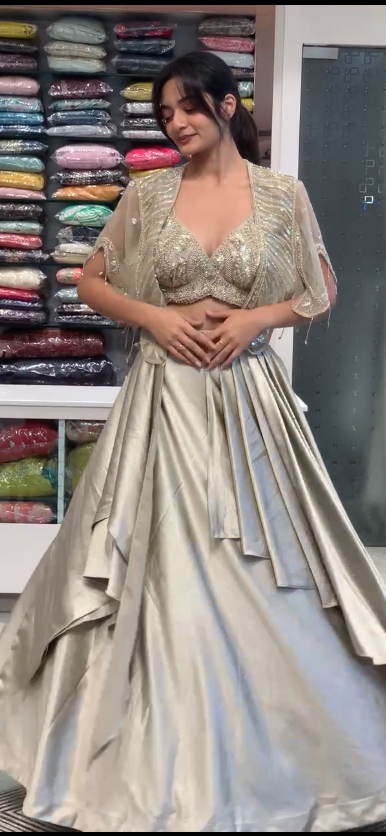 Beige Cape Crop Top Lehenga with Border Work
