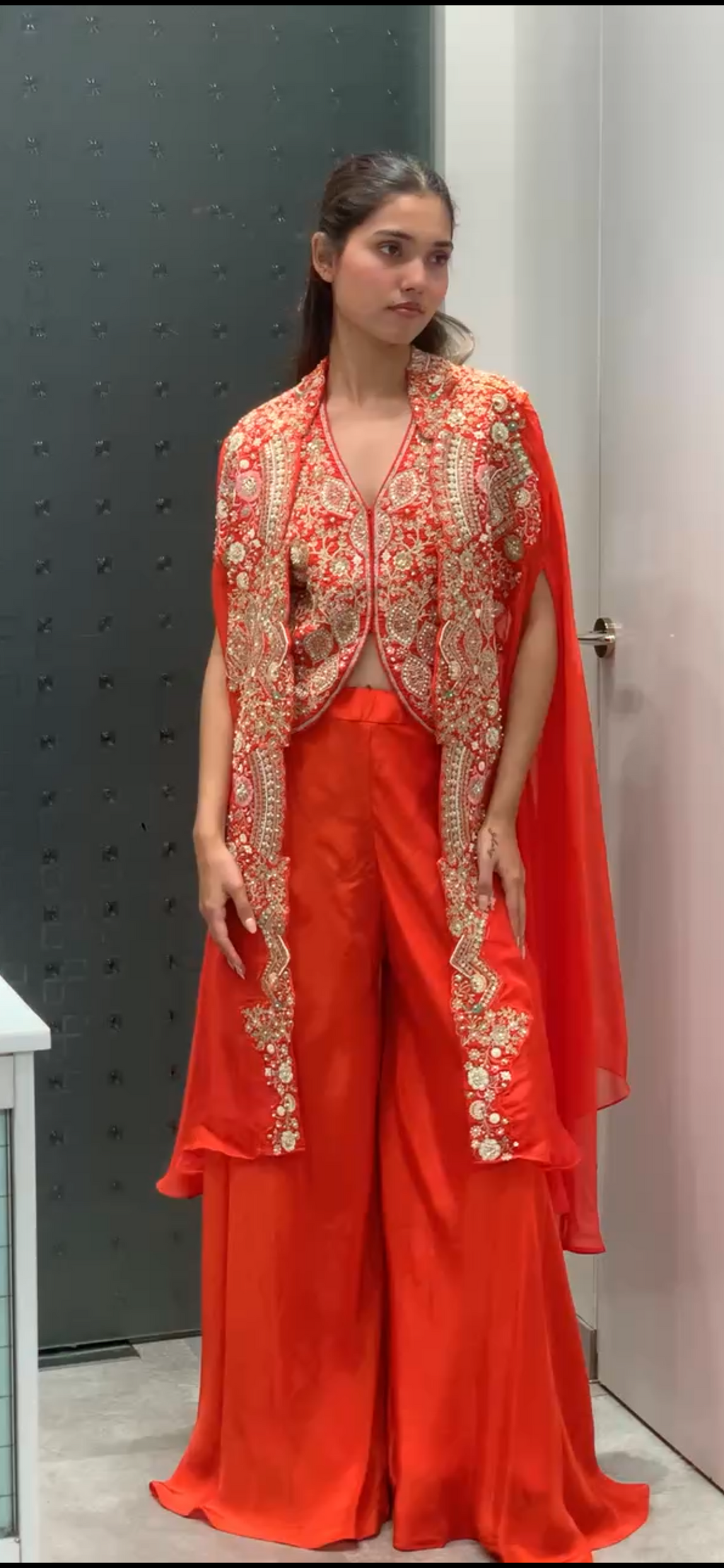 Orange Raw Silk Thread Work Border Vest Top & Cape with Georgette Palazzo Pants Indo Western Set