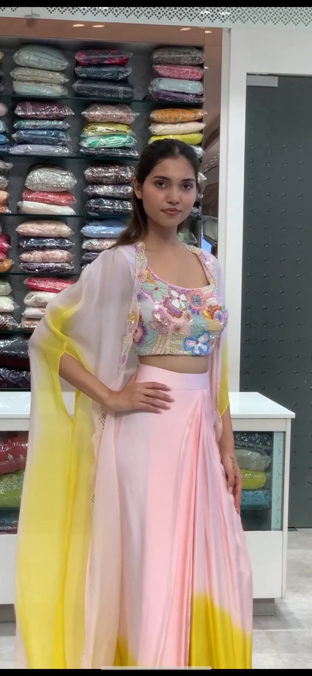 Ombre Soft Organza Cape Crop Top & Drape Skirt Indo Western Set