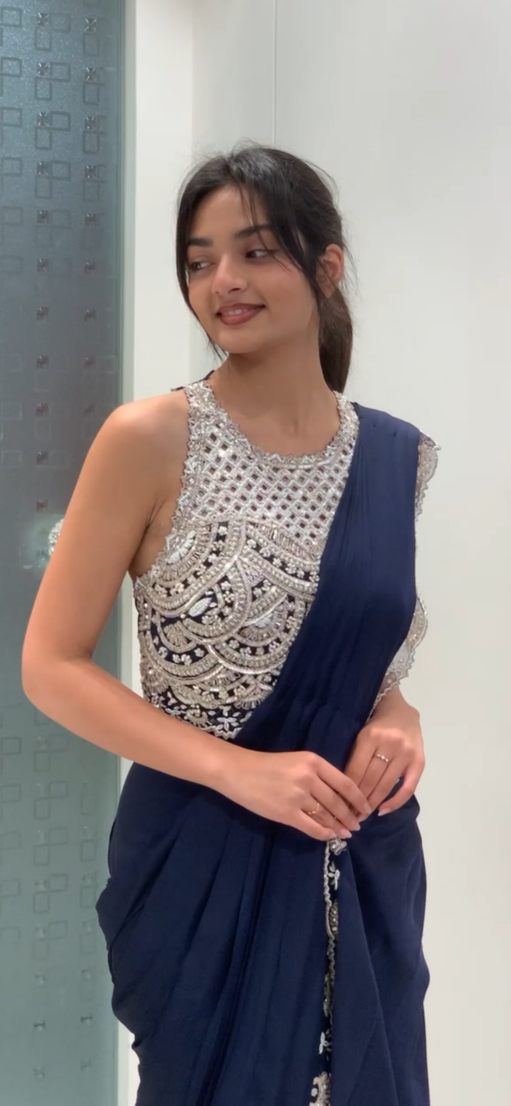Navy Blue & Silver Halter Neck Blouse & Drape Saree