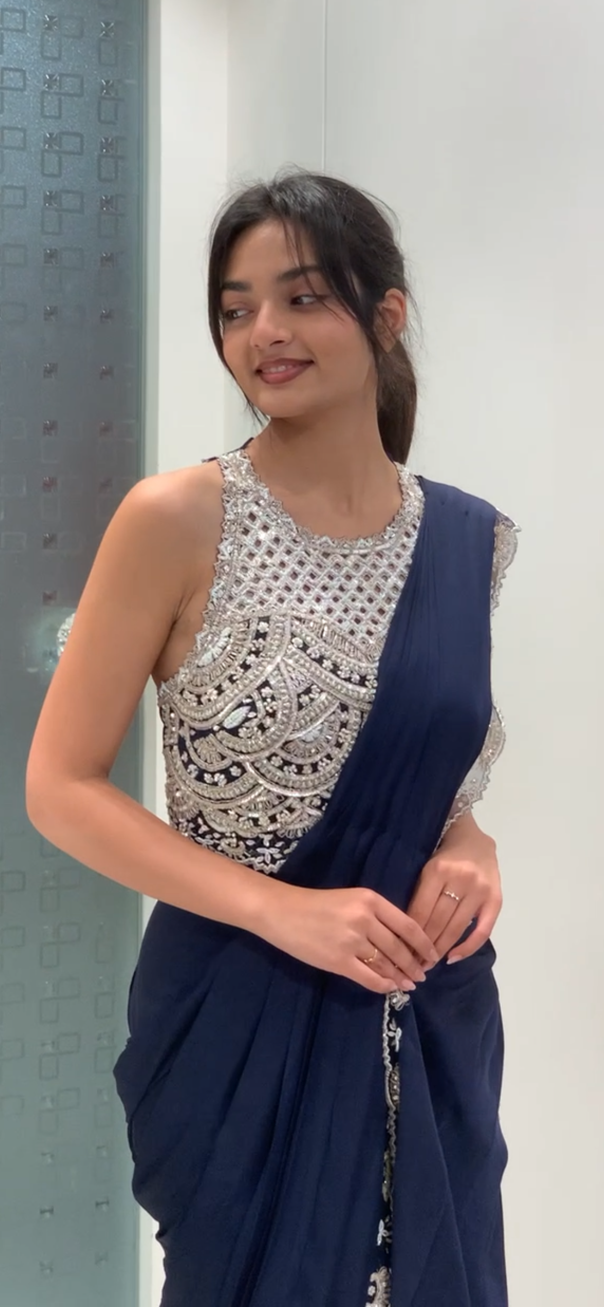 Navy Blue & Silver Halter Neck Blouse & Drape Saree