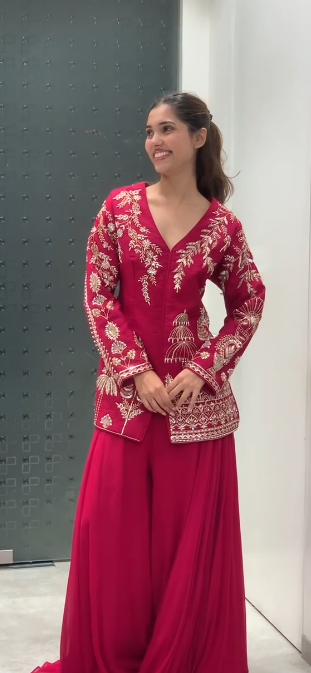 Rani Pink Raw Silk Full Sleeve Short Kurta & Georgette Flared Pants Indo Western Set