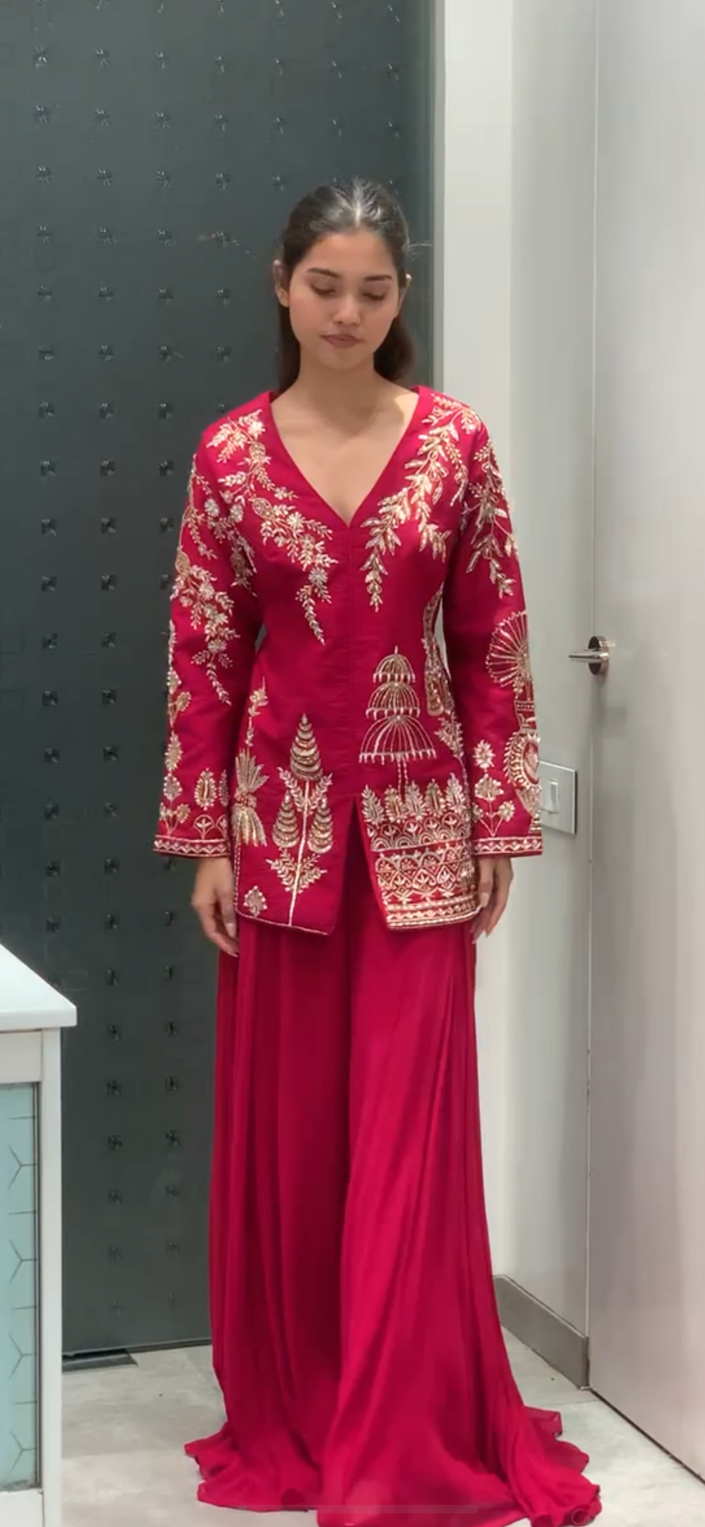 Rani Pink Raw Silk Full Sleeve Short Kurta & Georgette Flared Pants Indo Western Set