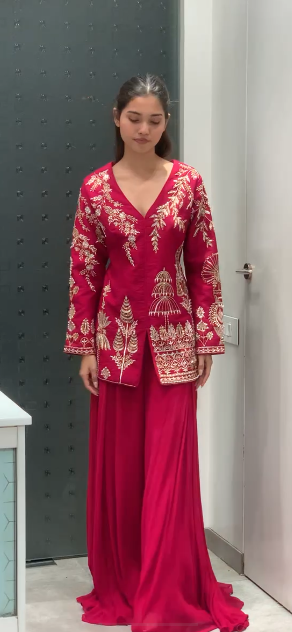 Rani Pink Raw Silk Full Sleeve Short Kurta & Georgette Flared Pants Indo Western Set