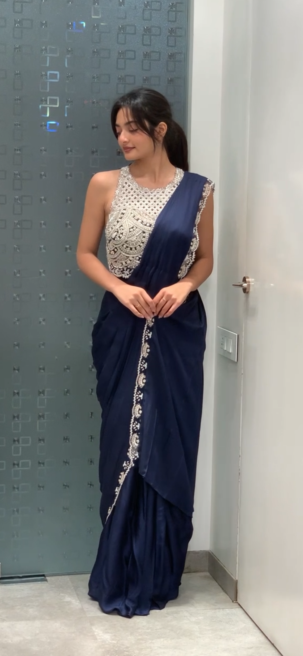 Navy Blue & Silver Halter Neck Blouse & Drape Saree