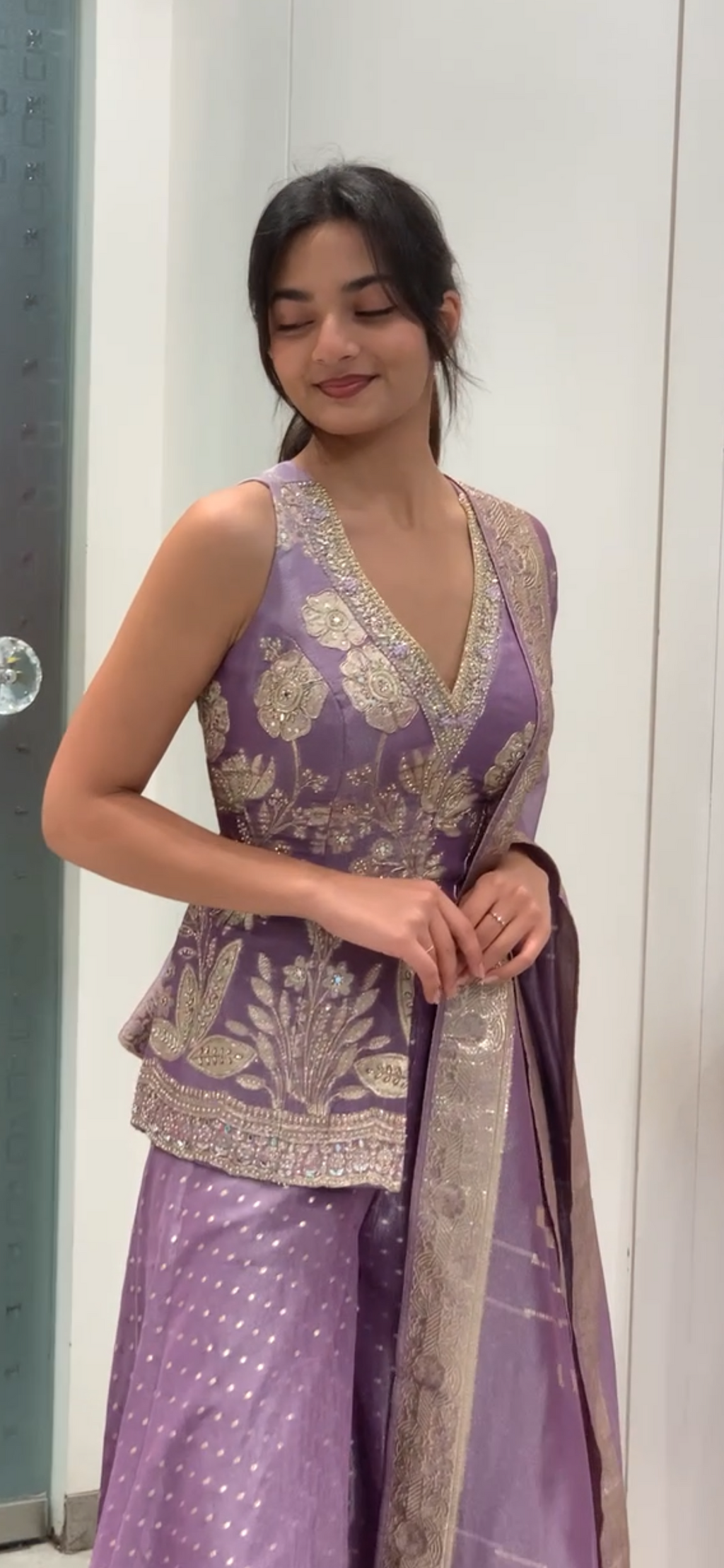 Lavender Banarasi Short Kurti & Pants Indo Western Set