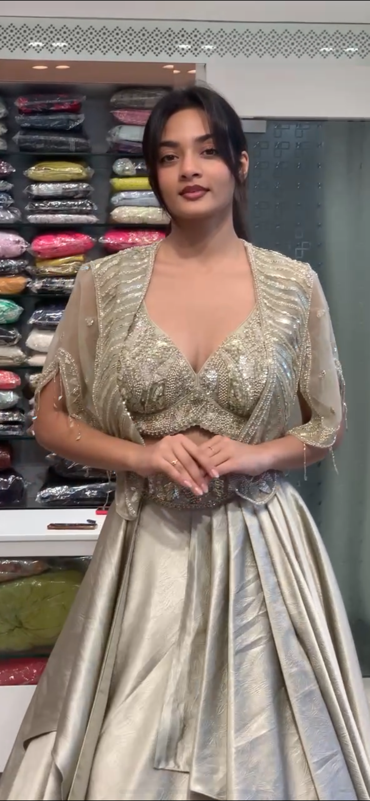 Beige Cape Crop Top Lehenga with Border Work