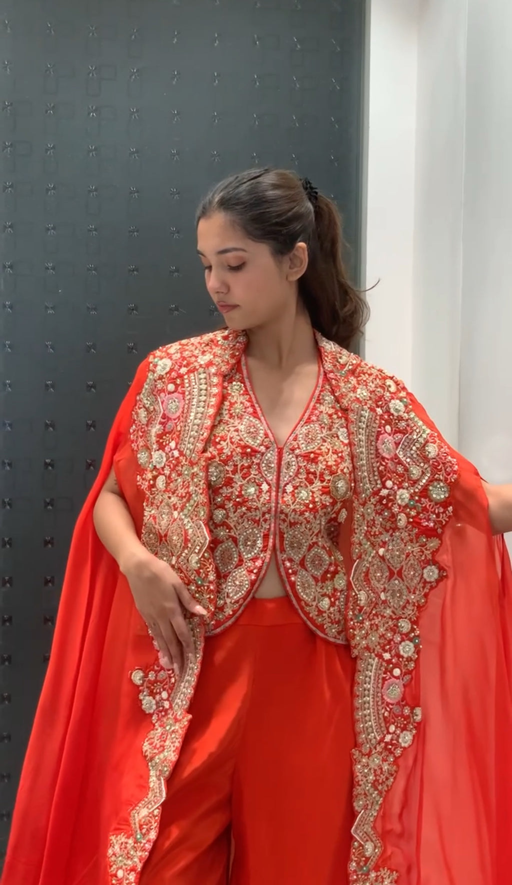 Orange Raw Silk Thread Work Border Vest Top & Cape with Georgette Palazzo Pants Indo Western Set
