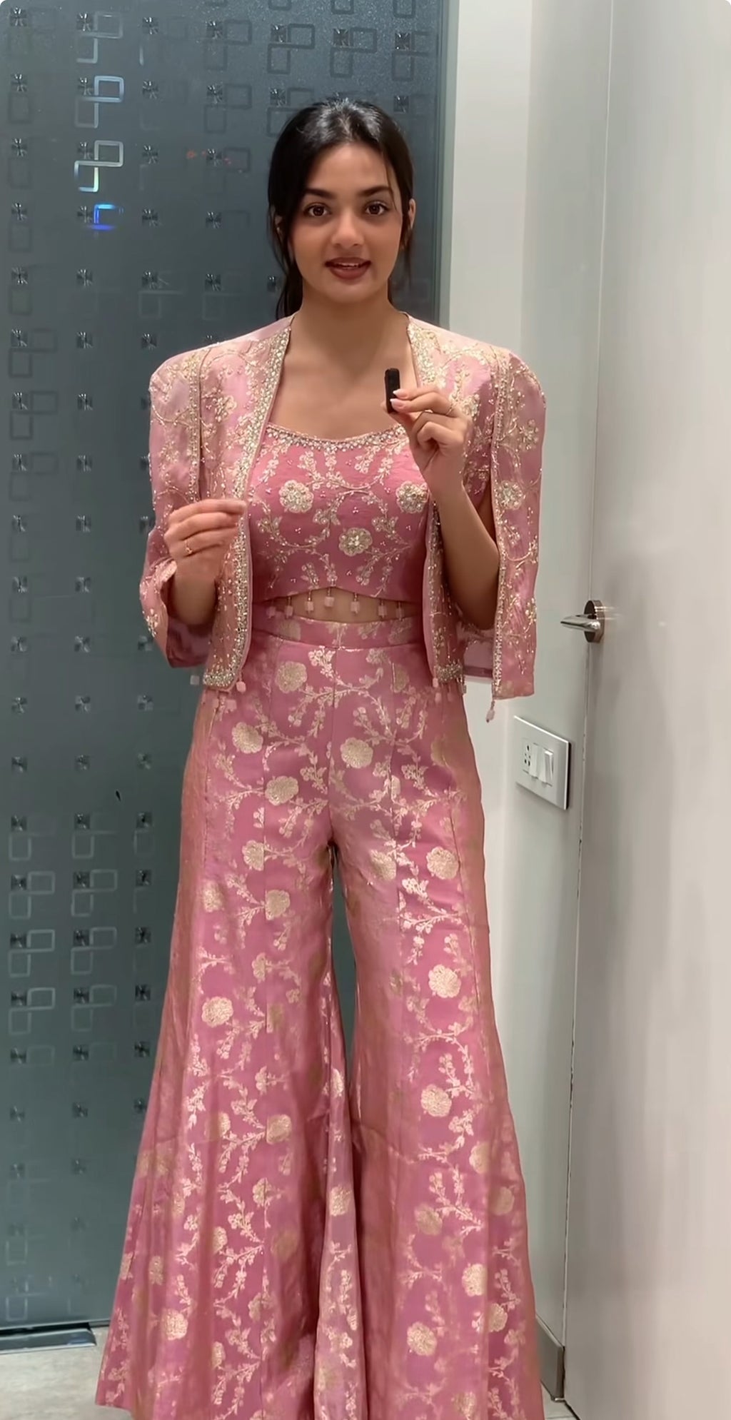 Pink Banarasi French Coat, Crop Top & Bell Bottom Pants Indo Western Set