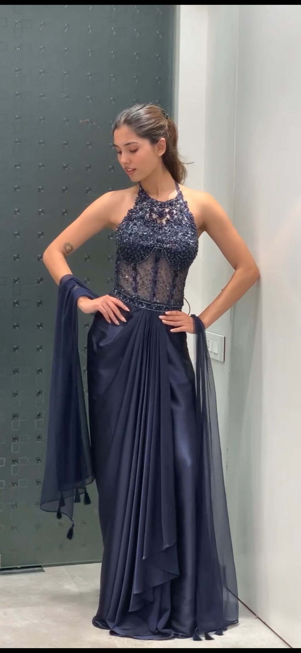 Blue Satin Complete Handwork Halter Neck Top & Drape Skirt Indo Western Set