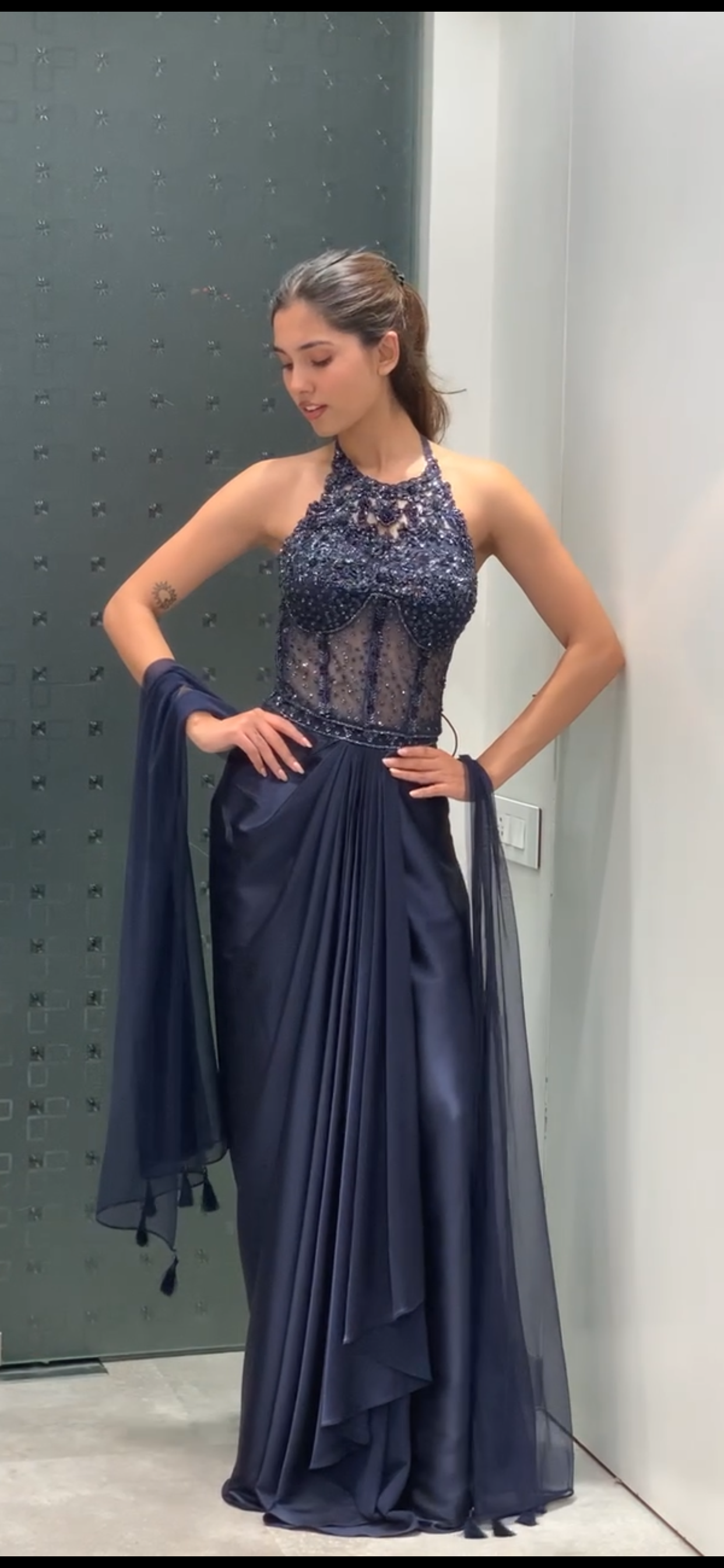 Blue Satin Complete Handwork Halter Neck Top & Drape Skirt Indo Western Set