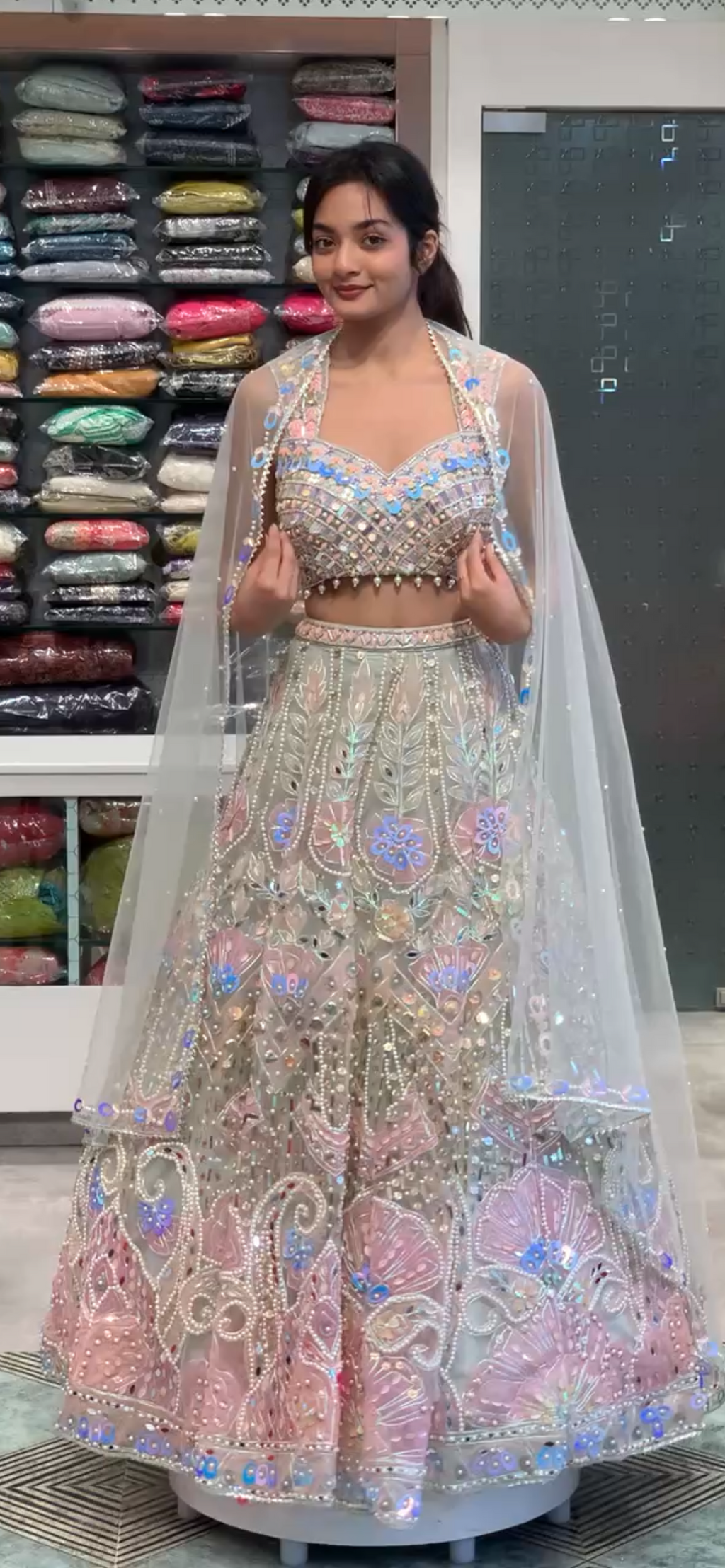 Multicolour Net All-Over Work Carnival Blouse & Lehenga