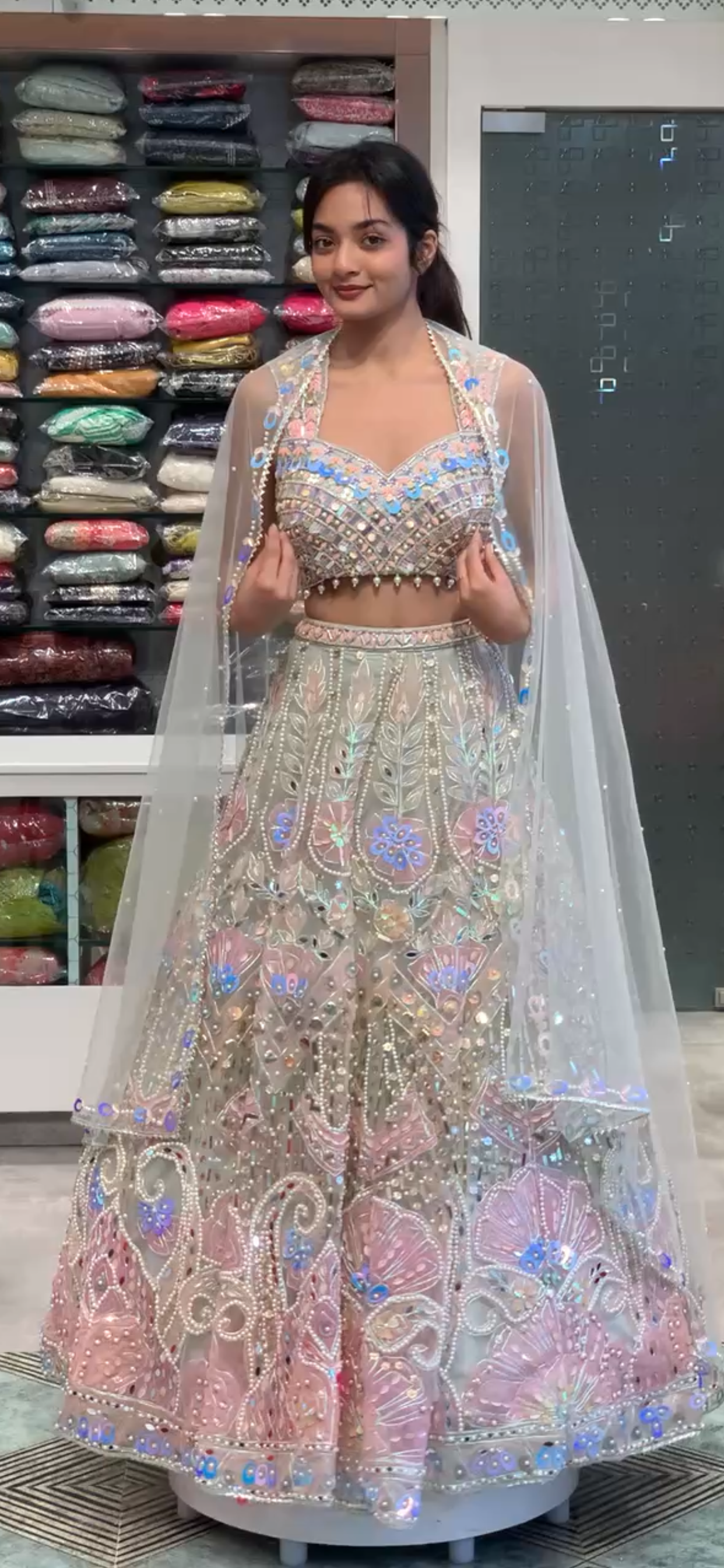 Multicolour Net All-Over Work Carnival Blouse & Lehenga