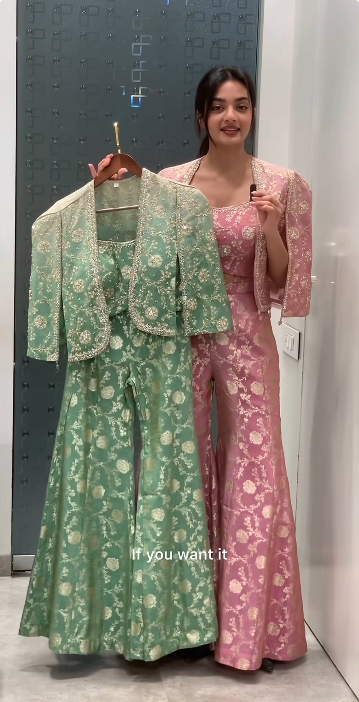 Pink Banarasi French Coat, Crop Top & Bell Bottom Pants Indo Western Set
