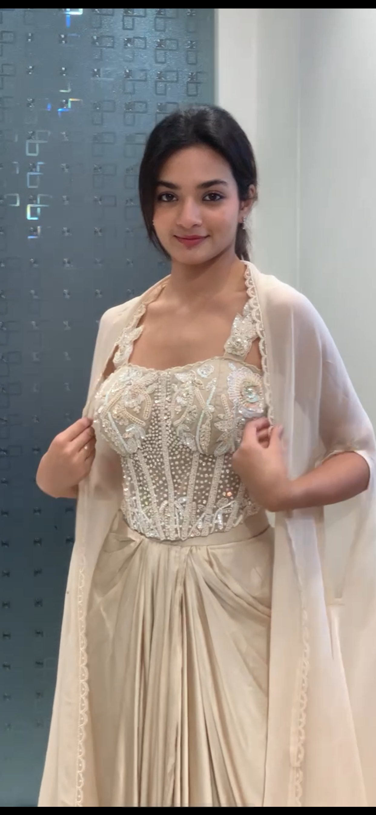 Cream Corset Blouse, Drape Skirt & Cape Indo Western Set
