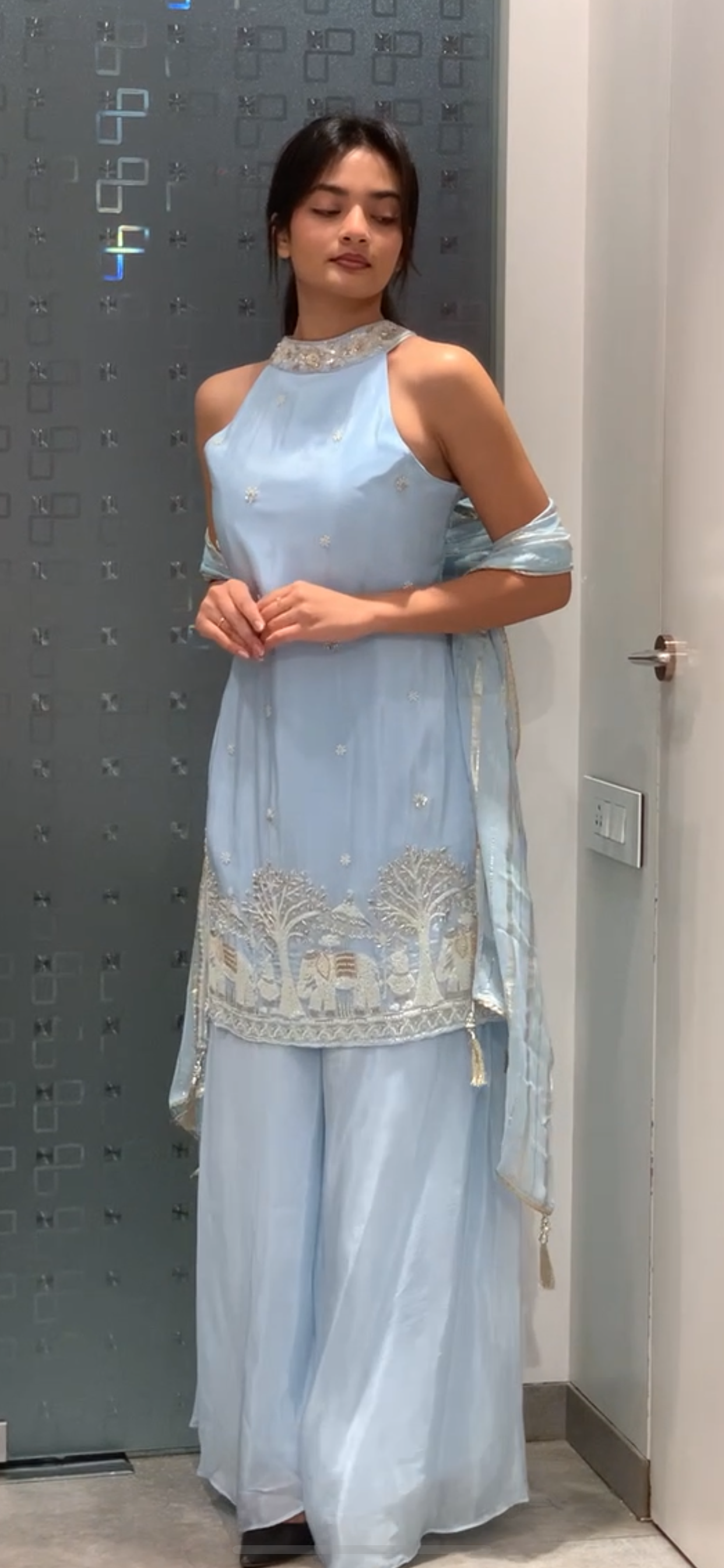 Ice Blue Halter Neck Short Kurta & Flared Pants