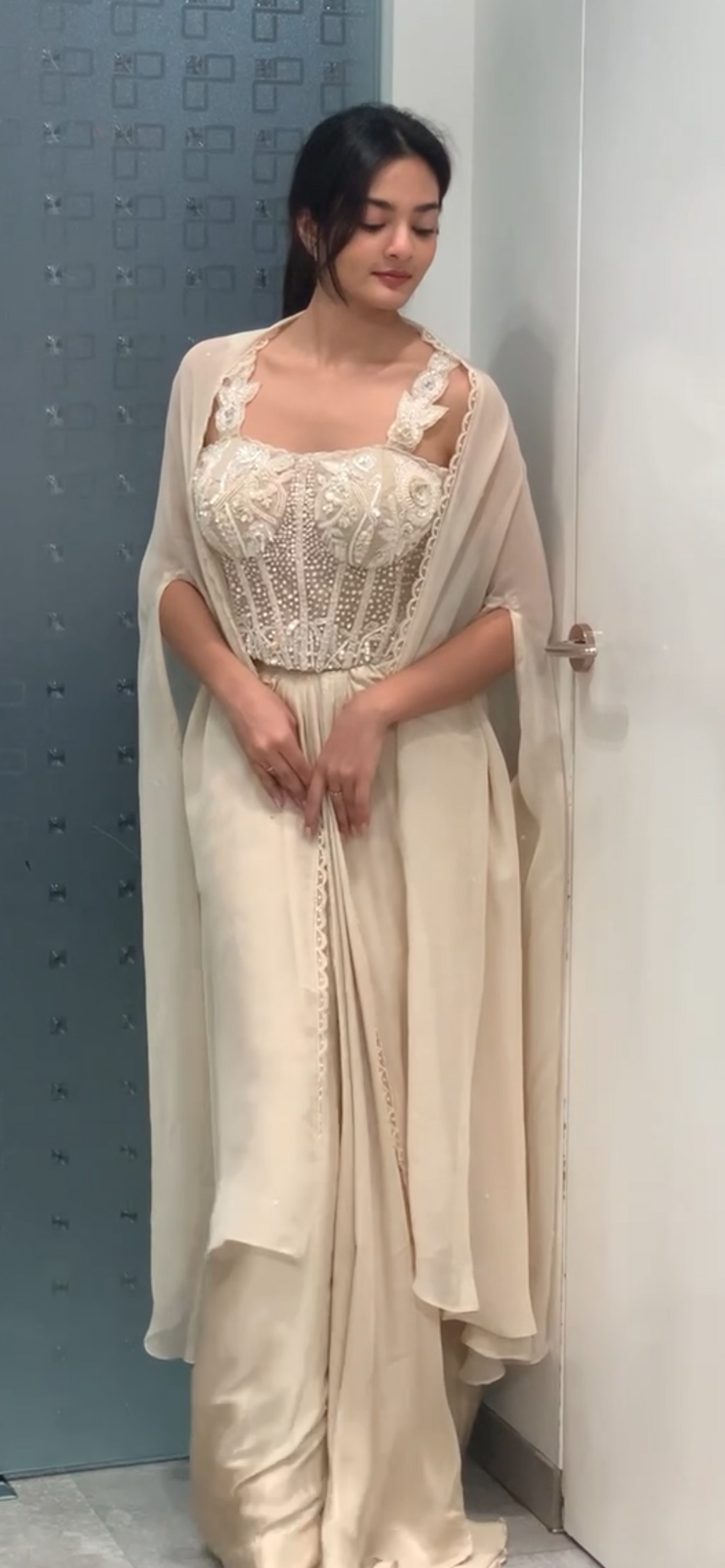 Cream Corset Blouse, Drape Skirt & Cape Indo Western Set
