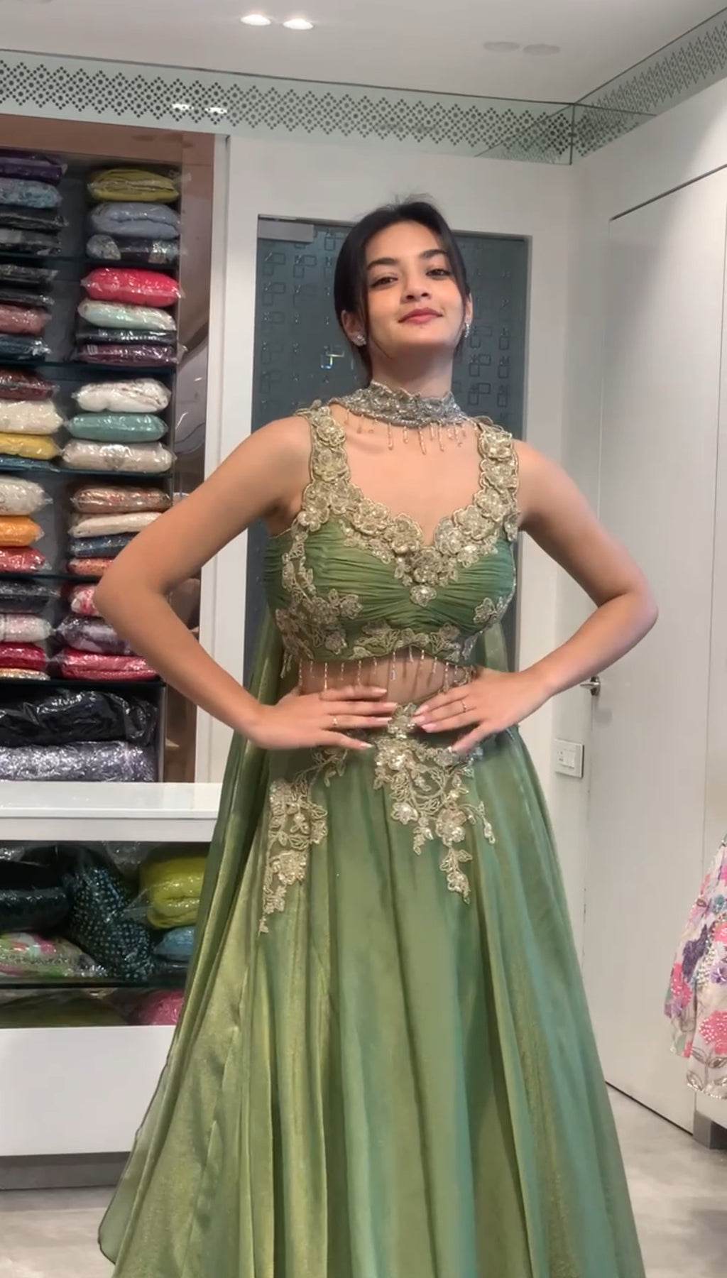 Green Tissue Crop Top & Lehenga