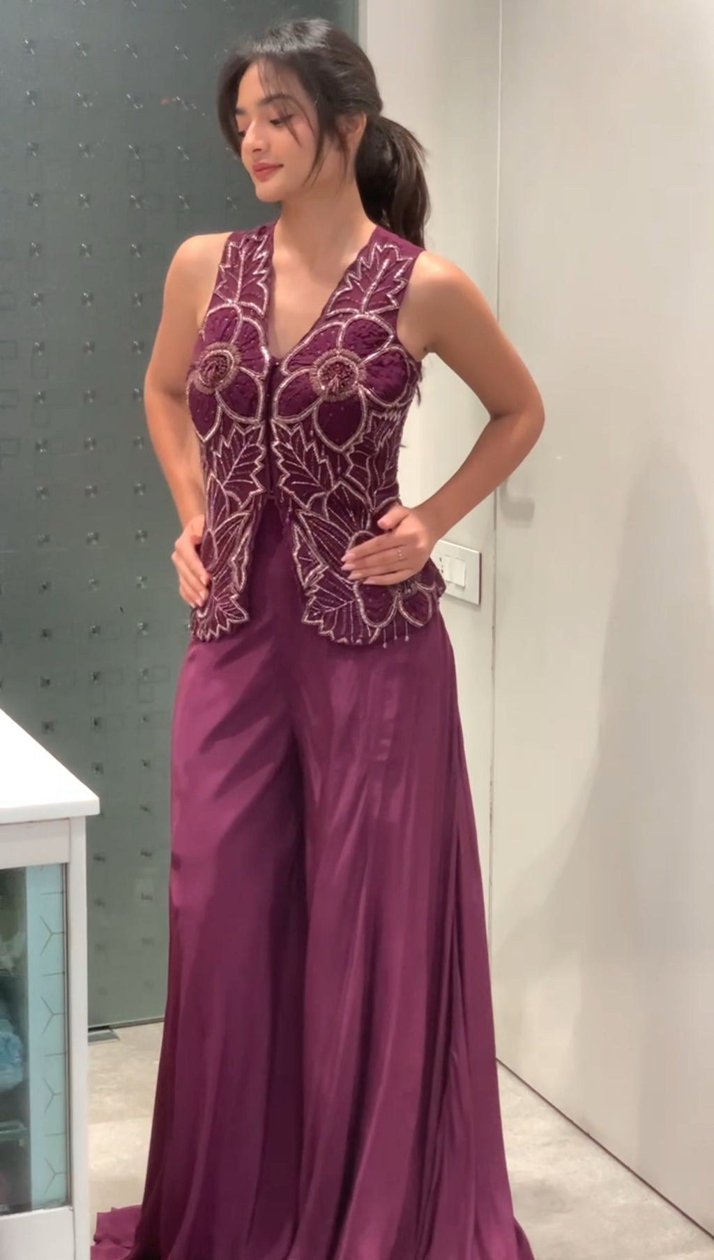 Purple Satin Silk Applique Top & Pants Indo Western Set